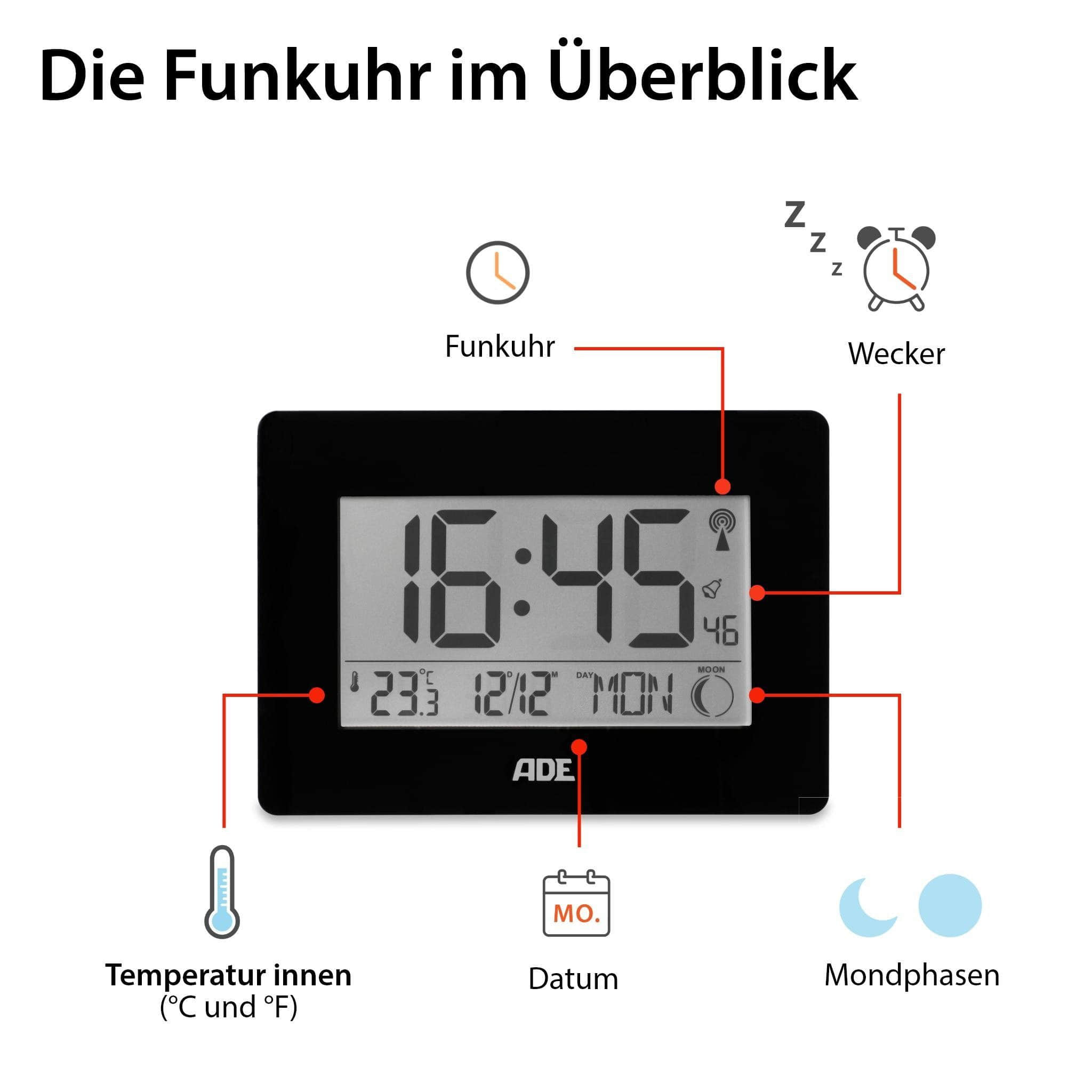 ADE Premium Digital Atomic Clock - Extra Large Display Wall/Desk Clock with Temperature, Calendar, Moon Phase & Dual Alarm in Bamboo Frame (16.7x9.3cm LCD) Schwarz Dekoration ADE