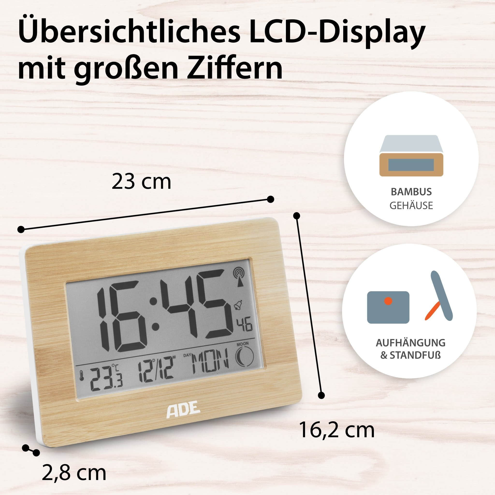 ADE ADE Premium Digital Atomic Clock - Extra Large Display Wall/Desk Clock with Temperature, Calendar, Moon Phase & Dual Alarm in Bamboo Frame (16.7x9.3cm LCD) Bambus Dekoration