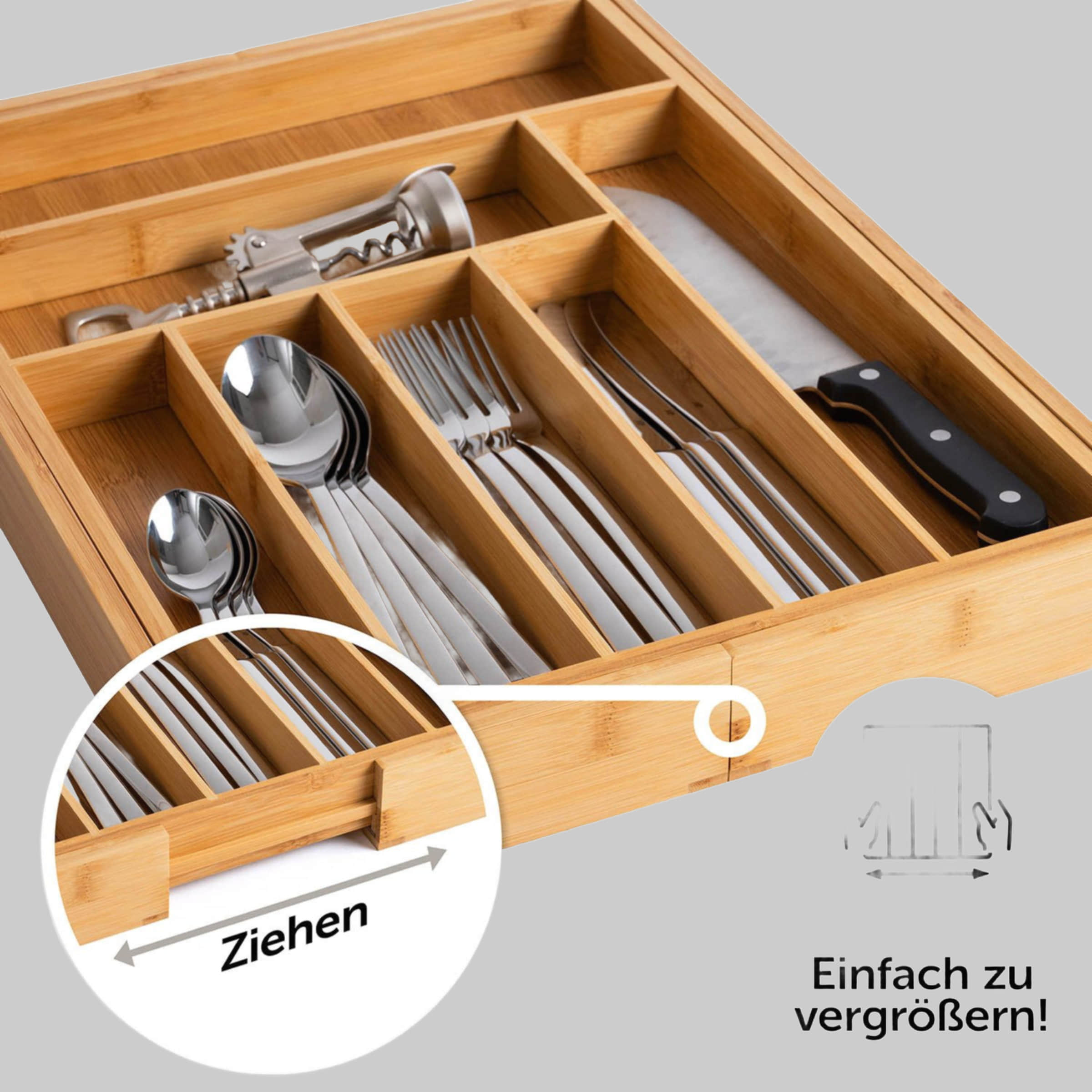 Blumtal Bambus Besteckkasten - Größenverstellbarer Schubladenorganizer mit 9 Fächern (33,7x5x44,5 cm) | Nachhaltige Küchenorganisation aus Bambusholz Blumtal Aufbewahrung