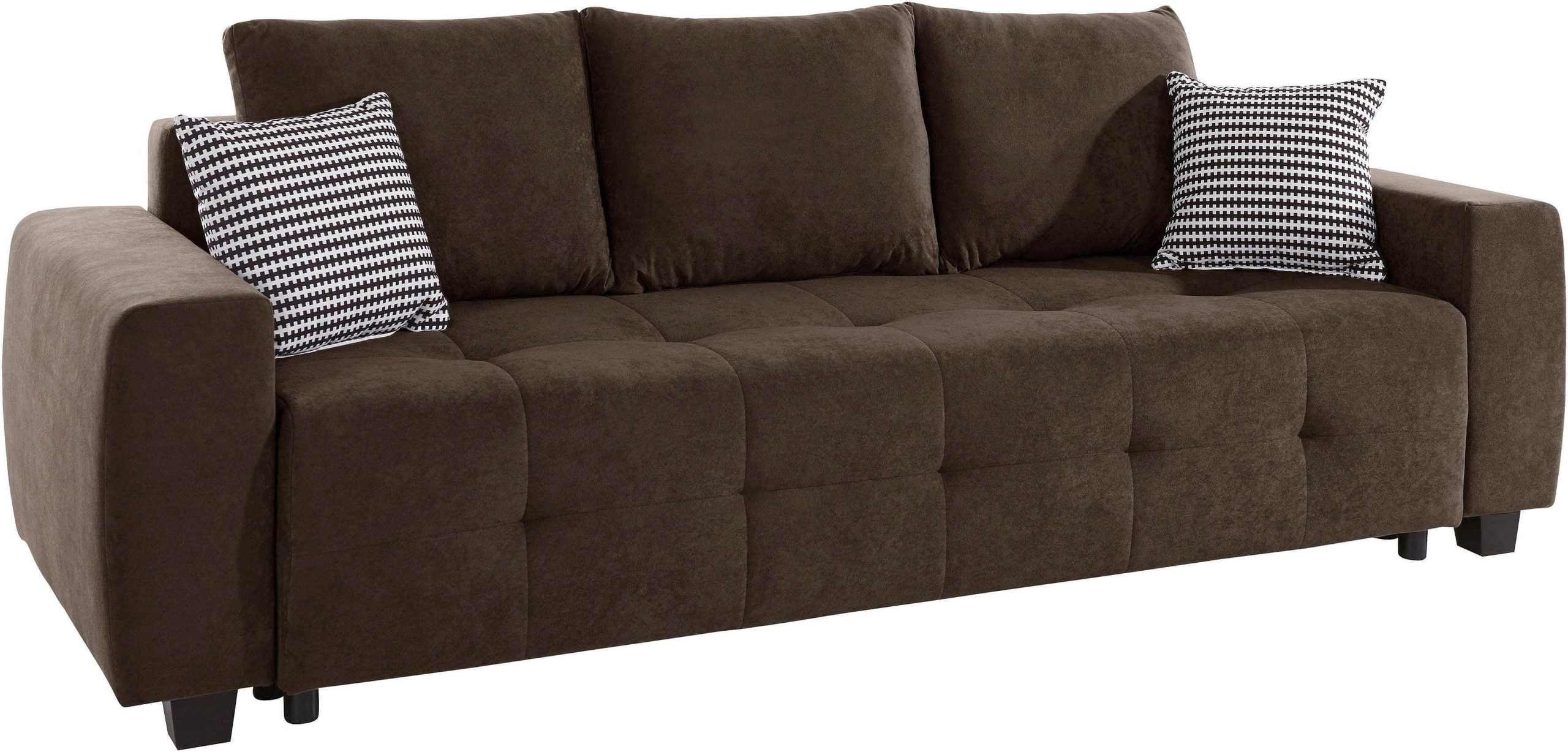Sofas COLLECTION AB COLLECTION AB Schlafsofa Bella | Federkern mit Bettfunktion & Bettkasten | Inkl. Zierkissen | Modernes 3-in-1 Design dunkelbraun