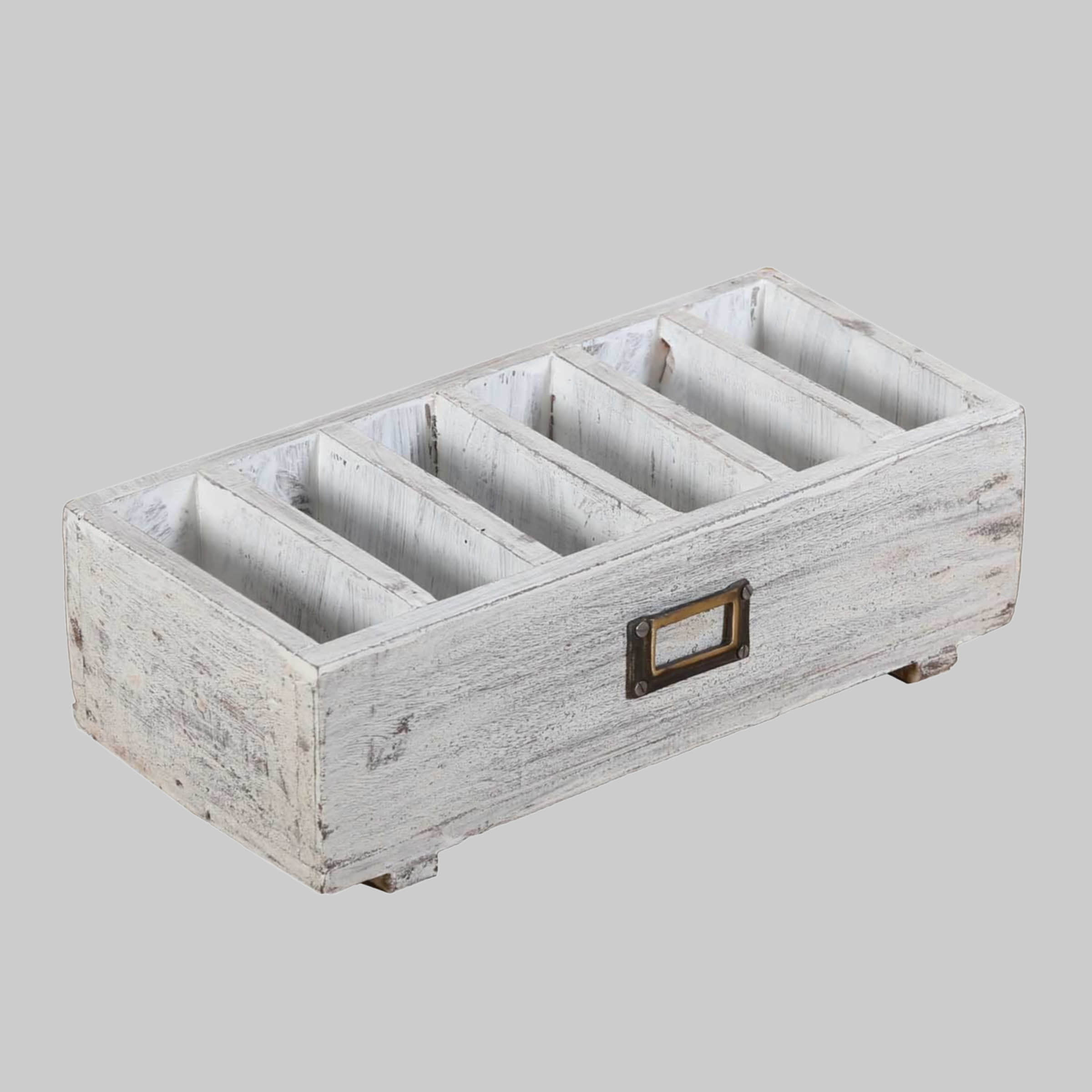 Casa Moro TIVOLI Shabby Chic Organizer Box - Massivholz Aufbewahrungskiste mit 6 Fächern & Namensschildhalter | Vintage Weiße Holzbox für Schreibtisch & Kosmetik (32x15x10 cm) Casa Moro Aufbewahrung