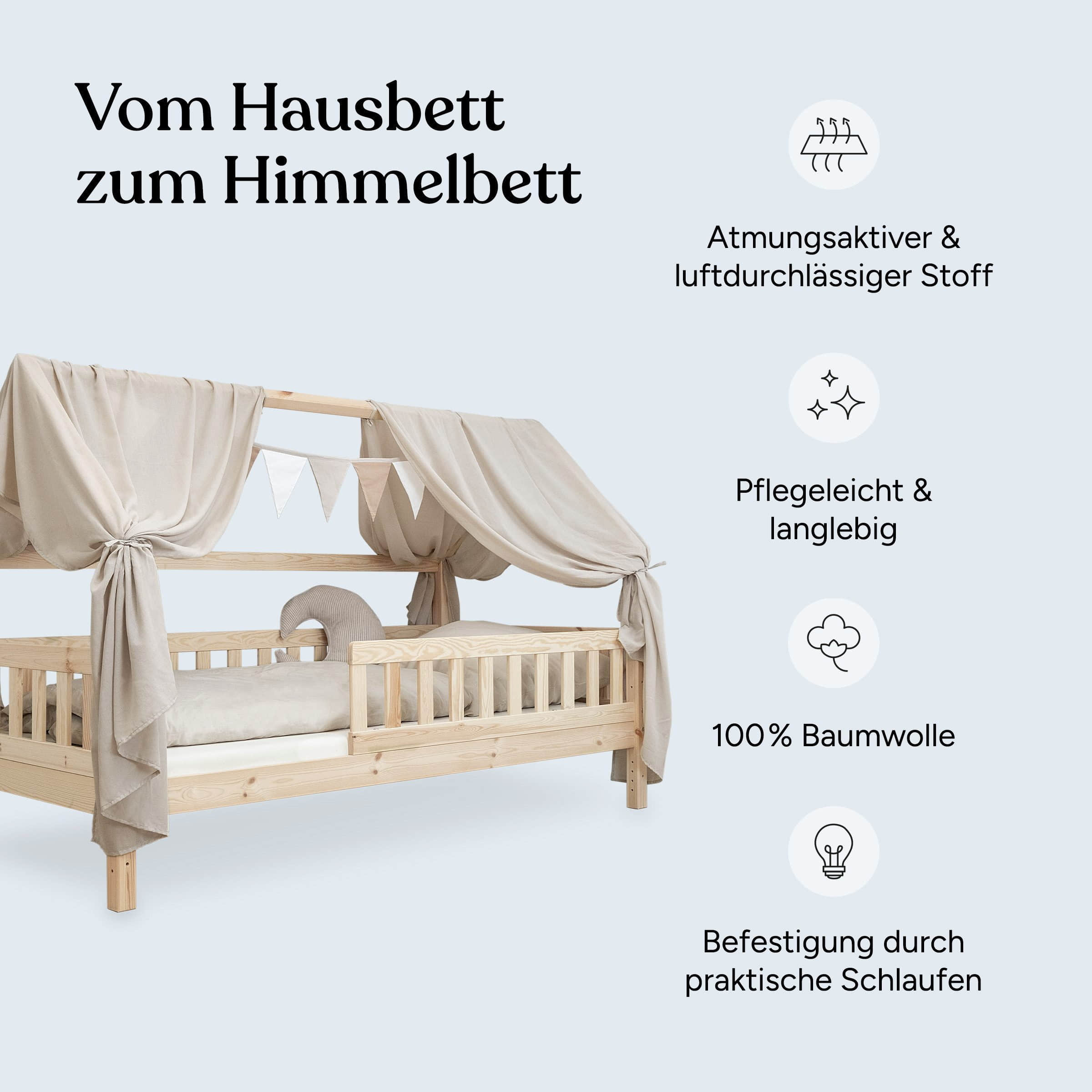 Ehrenkind® Premium Betthimmel-Set mit Wimpelkette | Kinderzimmer-Deko für Hausbett | 100% Baumwolle | 4 Farben | Schlaffördernd & Kreativitätsanregend Jade Kinderzimmer Ehrenkind