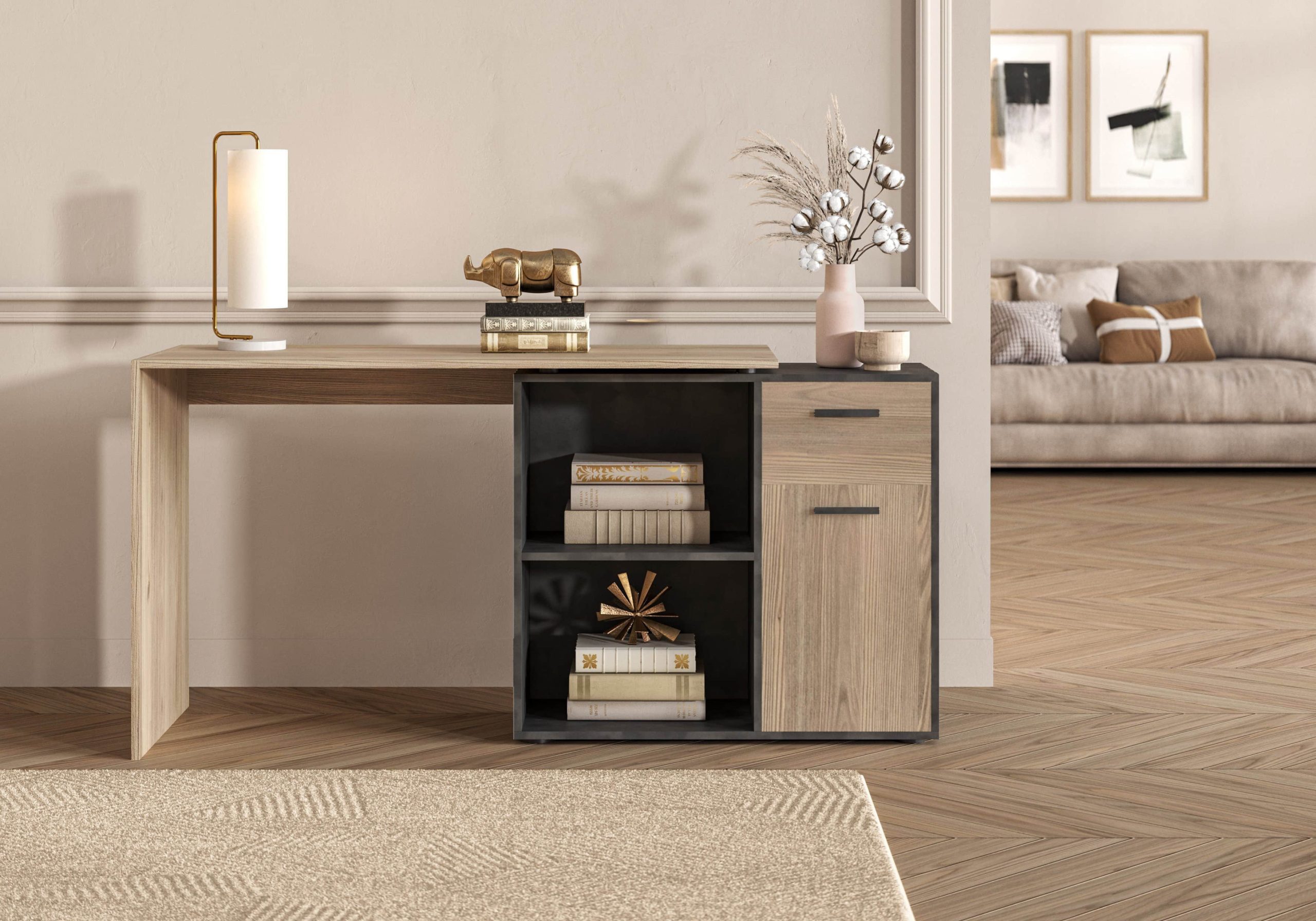 Tische FMD FMD AUGSBURG Corner Desk - Multifunctional Home Office Solution with Storage (117/148cm) in Brown/Old-Style Steel or Gray/Concrete-White viking-eic