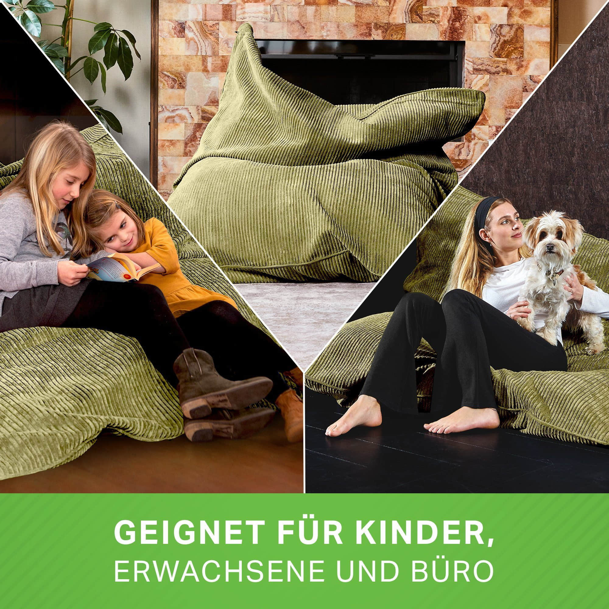 Green Bean Sessel Green Bean Cordoba XXL Sitzsack (140x180cm) aus Cordstoff mit 380L EPS-Perlen - Waschbarer Lounge-Sessel, Gaming-Stuhl & Bodenkissen für Erwachsene & Kinder Grün