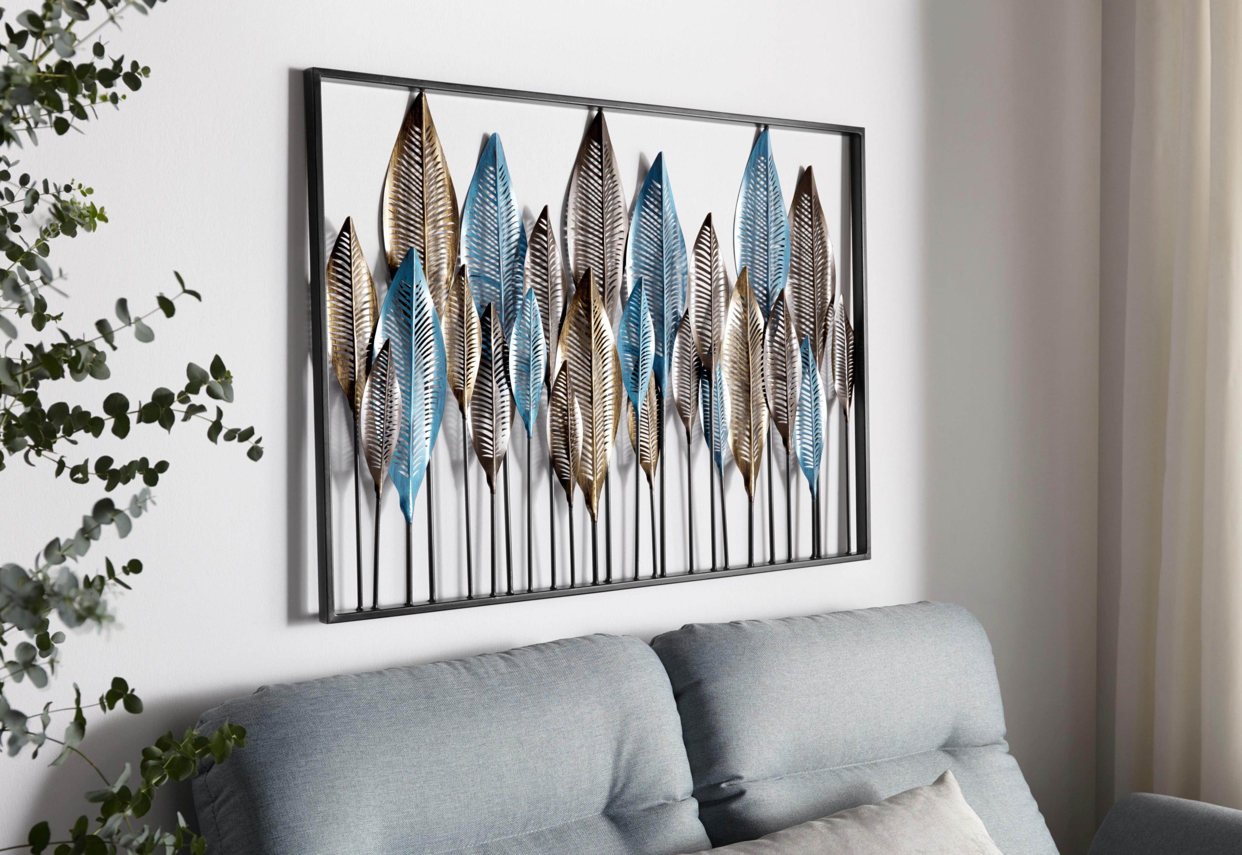 Home affaire Home Affaire 'Feather' Metal Wall Art - 102x71cm Blue/Gold/Black Decorative Wall Hanging for Living Room & Bedroom Dekoration