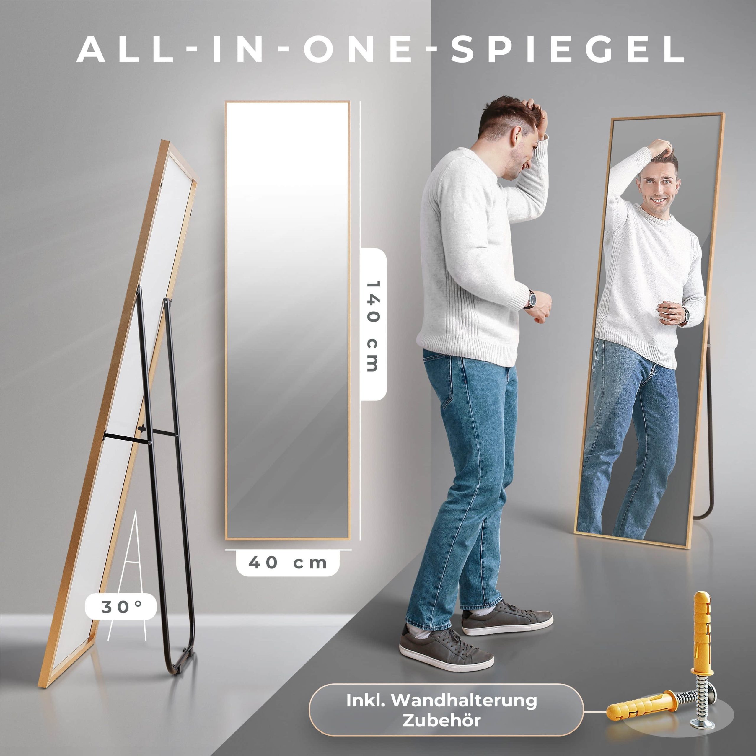 JOULISE Premium Ganzkörperspiegel – Standspiegel & Wandspiegel mit Rahmen (193x66cm) in Gold/Schwarz | High-Definition Spiegelglas Gold Dekoration JOULISE