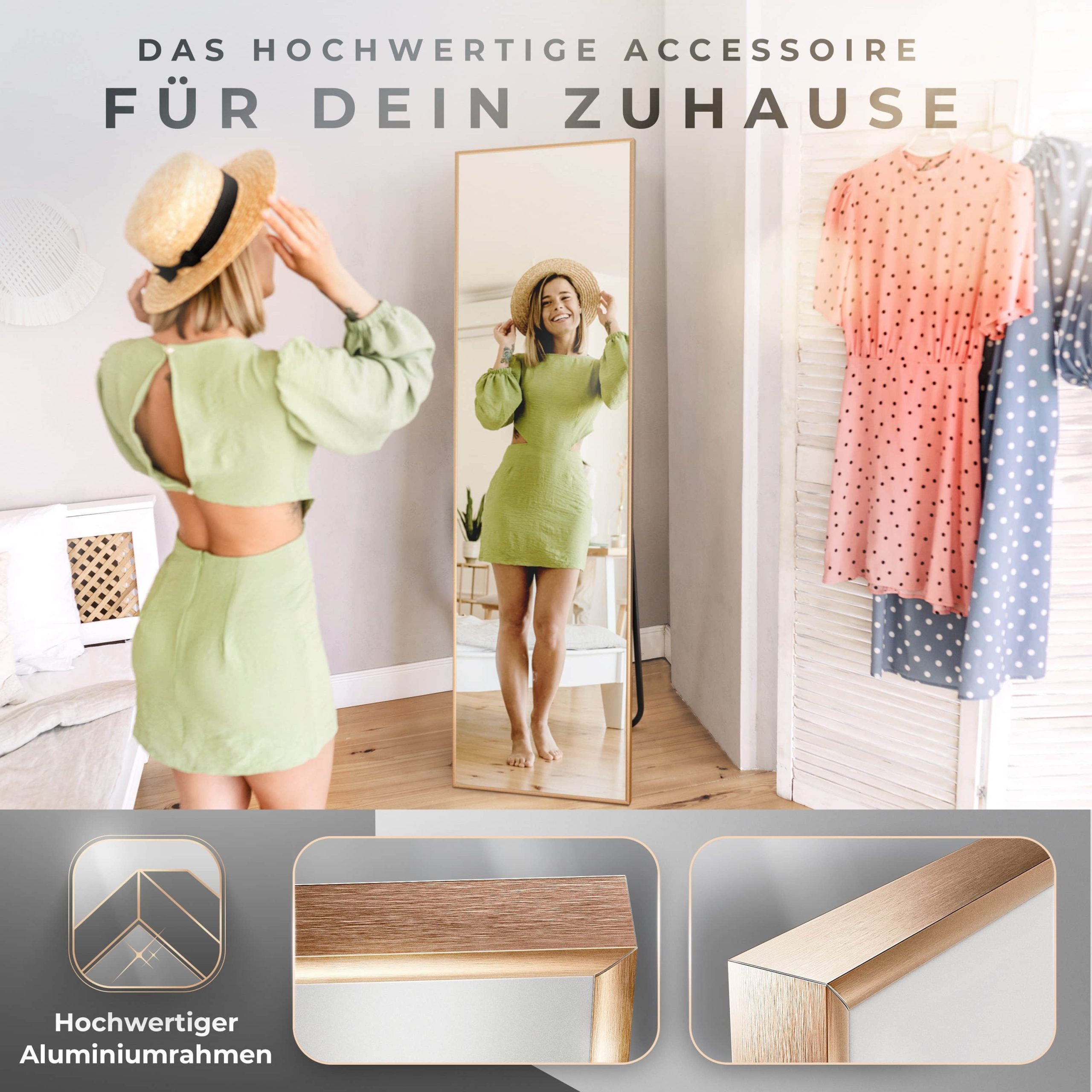 JOULISE Premium Ganzkörperspiegel – Standspiegel & Wandspiegel mit Rahmen (193x66cm) in Gold/Schwarz | High-Definition Spiegelglas Gold Dekoration JOULISE