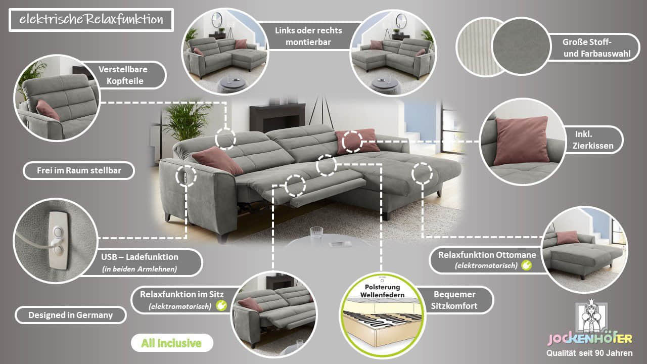 Jockenhu00F6fer Gruppe Jockenhöfer Gruppe Ecksofa Double One L-Form – Elektromotorische Relaxfunktion, USB-Ladestation & Lederoptik | 120cm Sitzbreite taube Sofas