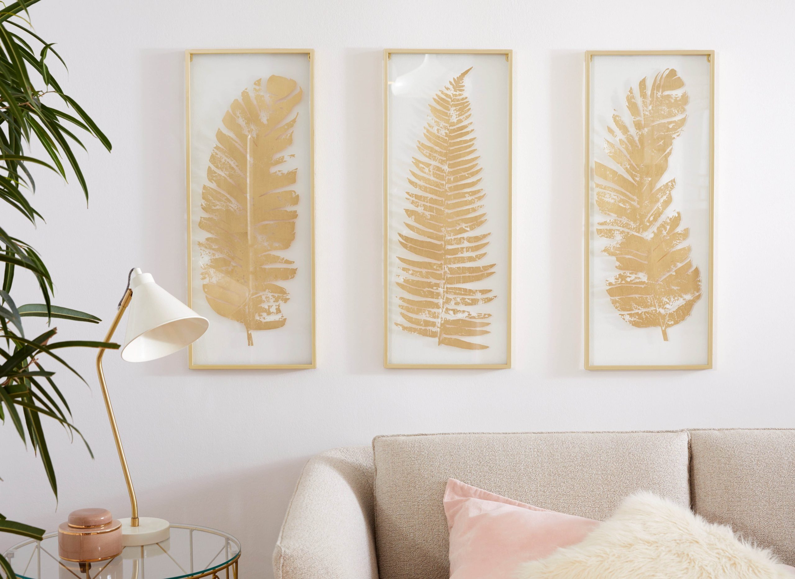 Leonique Premium Wanddeko Set (3 Stück) – Goldene Metall-Glas Bilder mit Natur-Blattmotiven für moderne Wohnraumgestaltung Leonique Dekoration