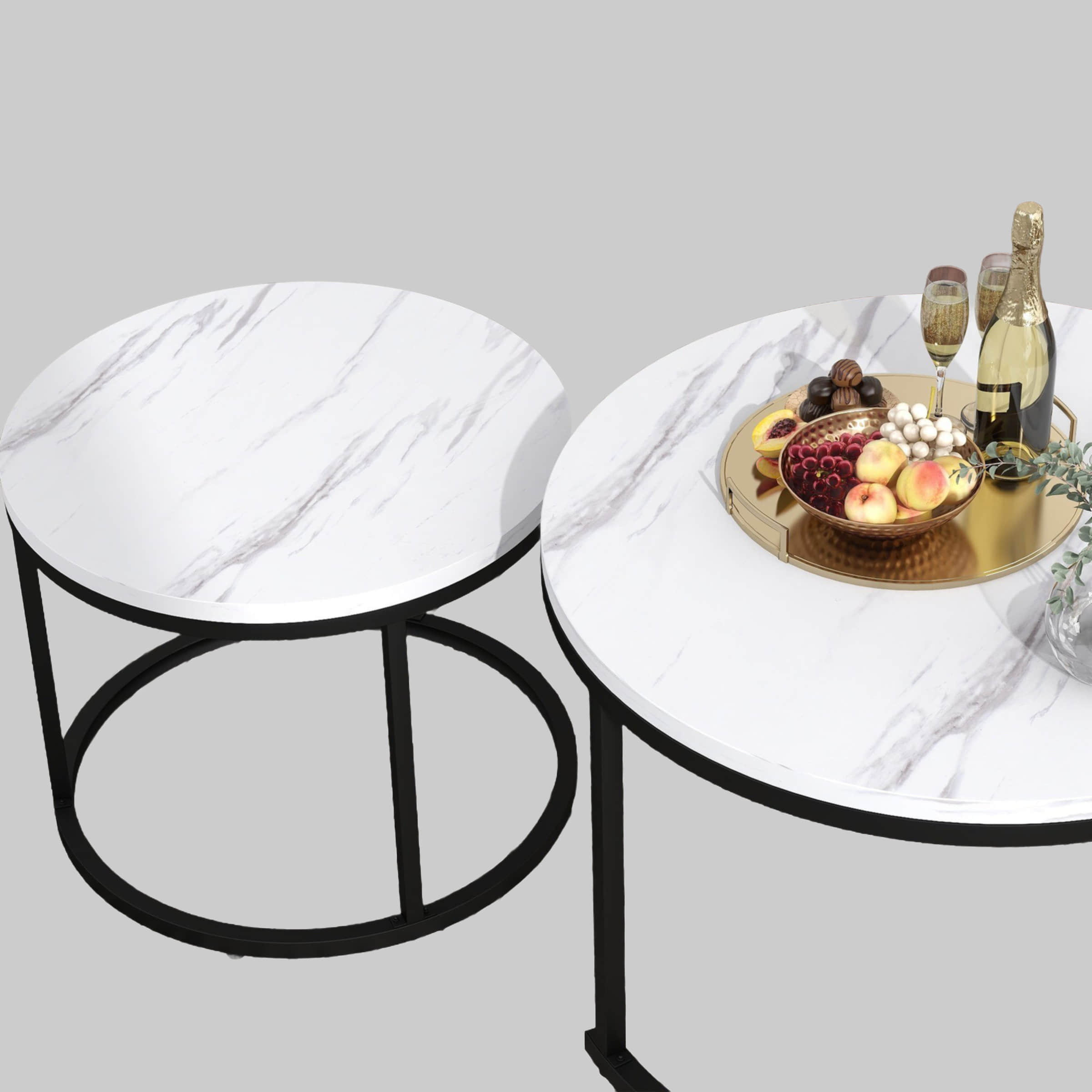Merax Couchtisch Set rund | 2-teiliger Satztisch mit Marmoroptik & Schubladen | Hochglanz Wohnzimmertisch & Beistelltisch | Gold/Weiß | 1,5cm Platte Marmor Optik Tische Merax