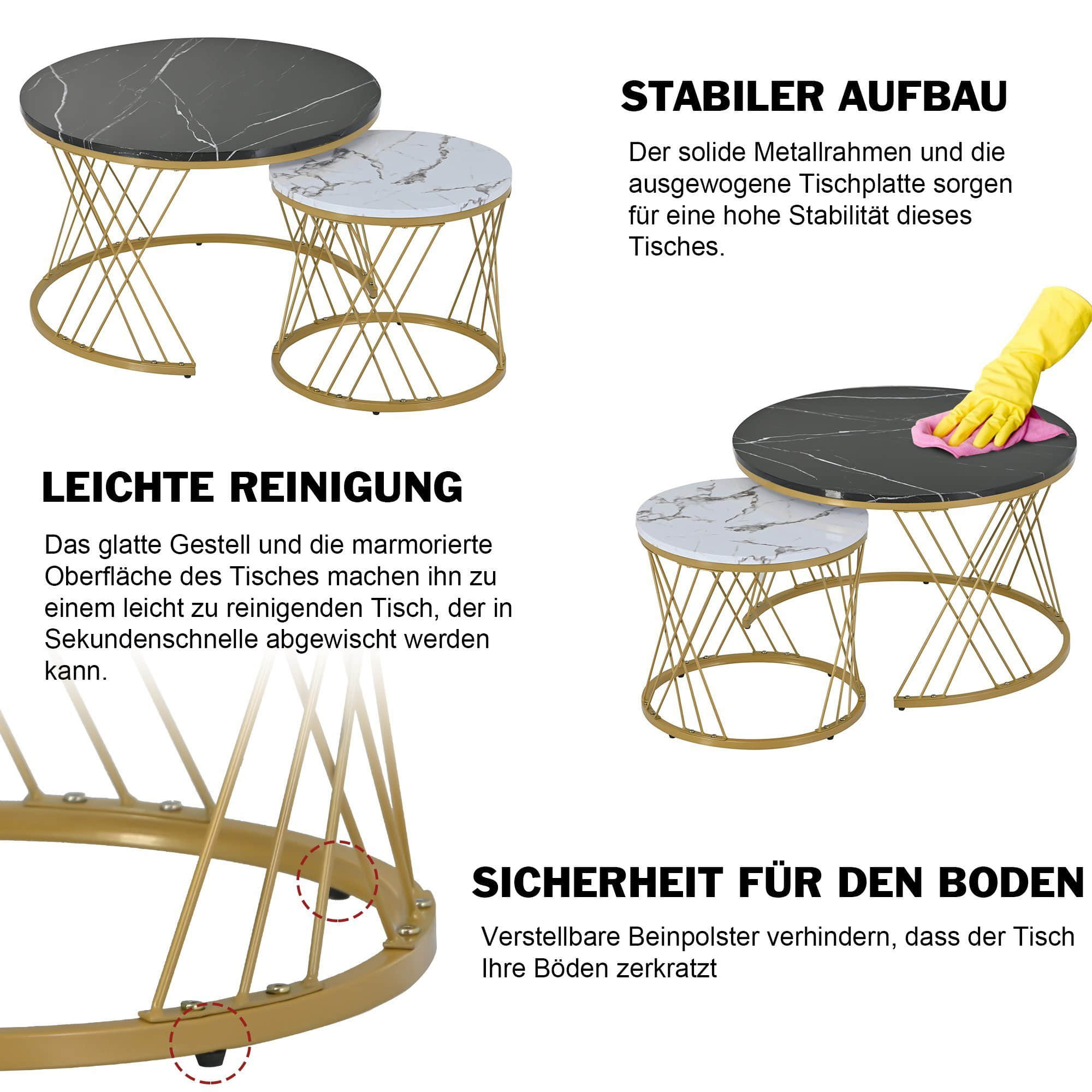 Merax Tische Merax Couchtisch Set rund | 2-teiliger Satztisch mit Marmoroptik & Schubladen | Hochglanz Wohnzimmertisch & Beistelltisch | Gold/Weiß | 1,5cm Platte Schwarz