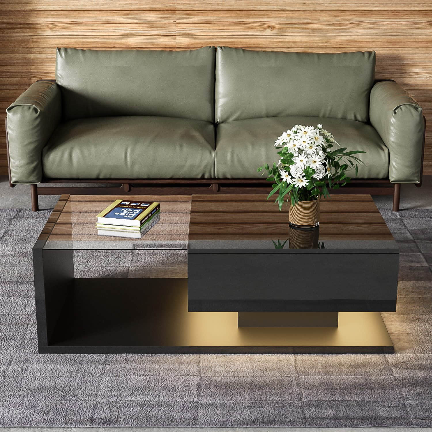 Merax Couchtisch mit LED-Beleuchtung & Schublade – Moderner Kaffeetisch mit gehärteter Glastischplatte (120x60cm), APP-steuerbare RGB-LED, weißer Hochglanz-Oberfläche – Stylischer Wohnzimmertisch Schwarz Merax Tische