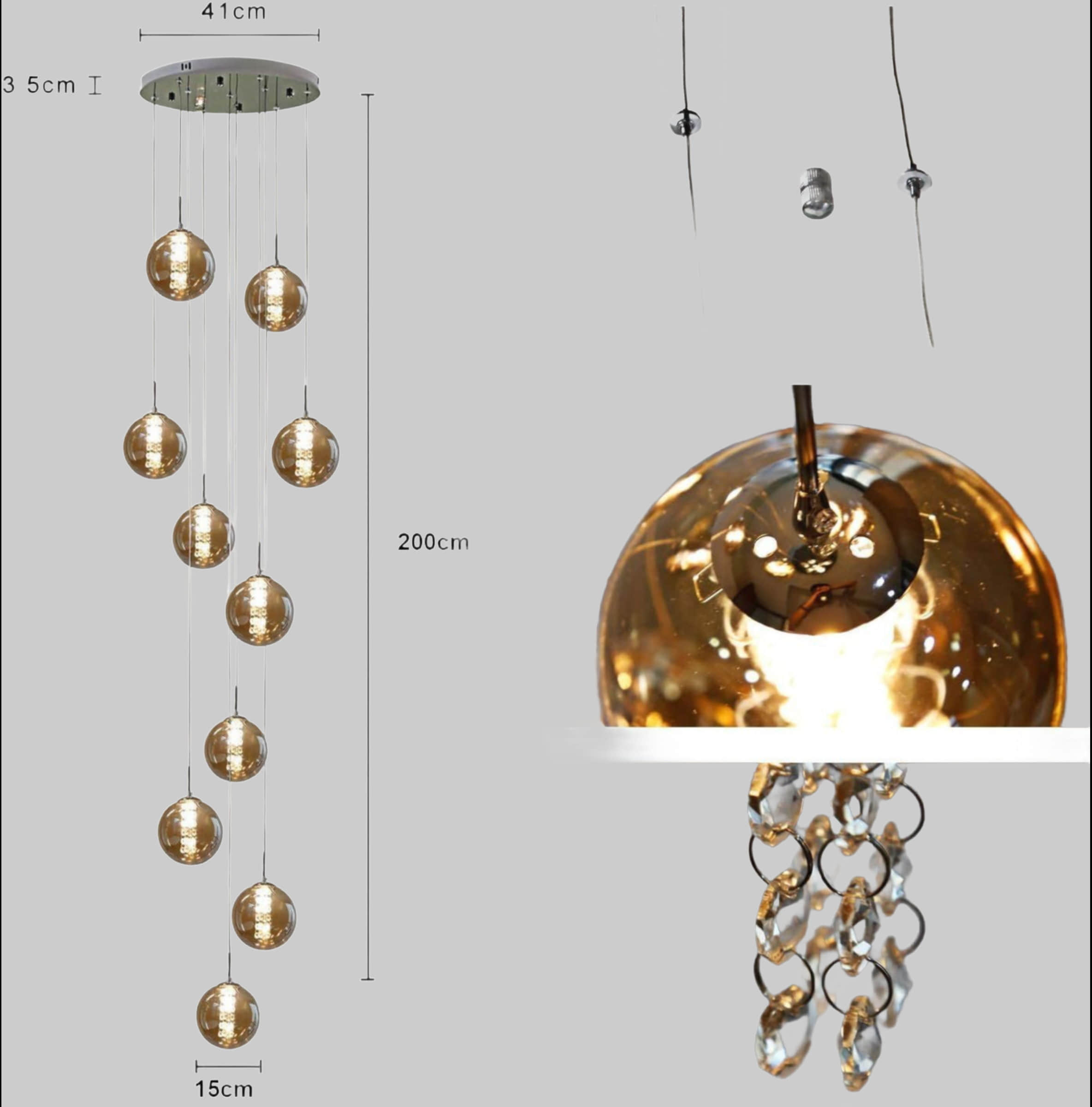 Nettlife Lampen NETTLIFE Pendelleuchte Glas 150CM Höhenverstellbar - Moderner Kronleuchter mit 3/4/6/10/15 Flammen LED (warmweiß) für Esstisch, Küche & Wohnzimmer Grau-10 Fl