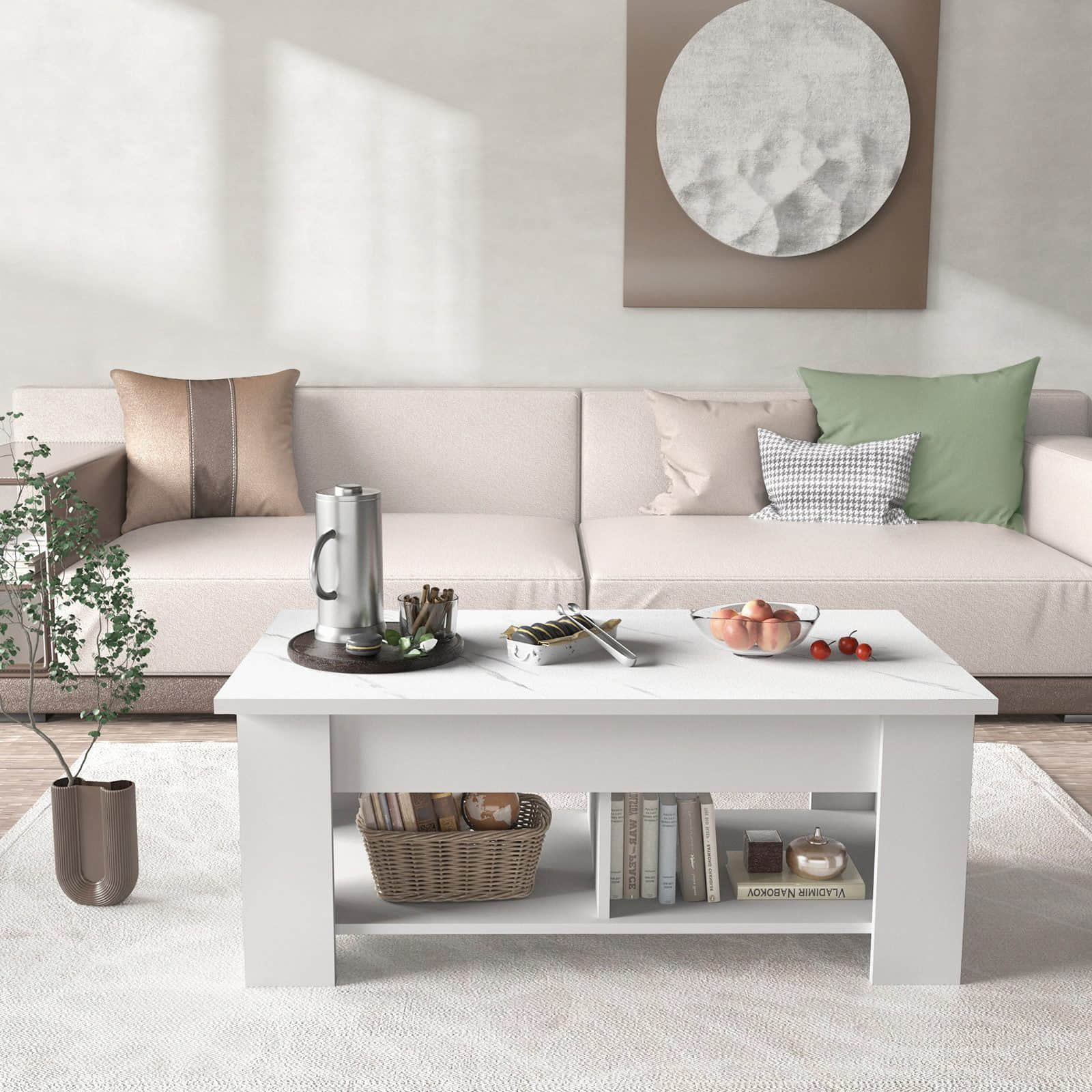 NOBLEWELL Lift-Top Couchtisch Modern - Höhenverstellbarer Ausziehtisch mit Stauraum & 2 Regalen | 120x60 cm | Schwarz | Multifunktional als Esstisch & Arbeitstisch Weiß Totnz Tische