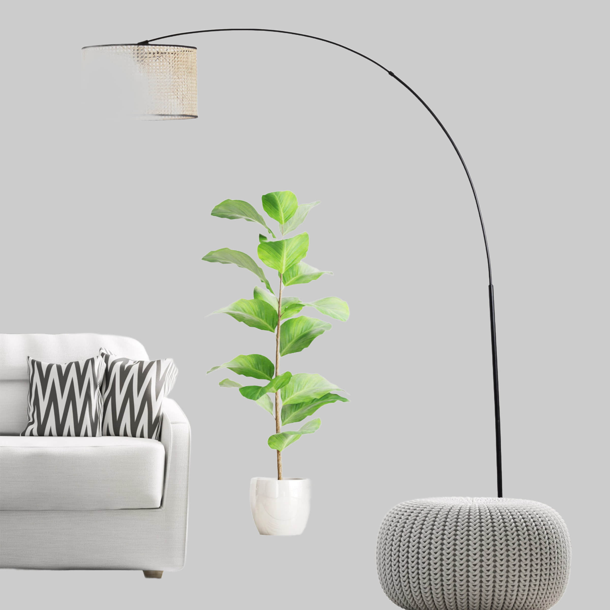 Rattan Arc Floor Lamp - 210cm Tall with 45cm Shade | E27 Socket | 60W Max | Modern Boho Lighting | Lightbox Stehlampe Lightbox Lampen