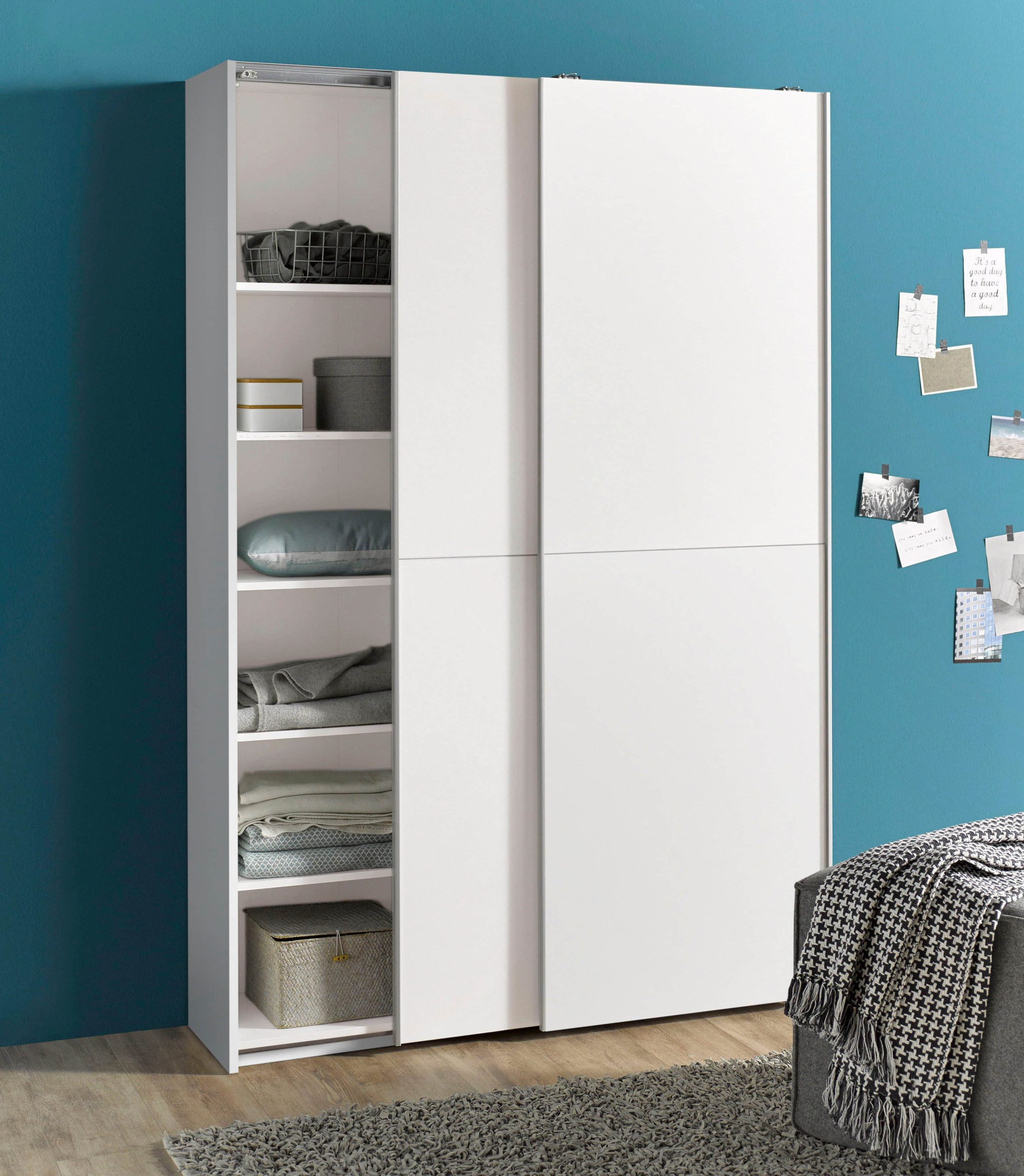 Schlafkontor Schwebetürenschrank 'Heimo/Fast' - Kleiderschrank & Garderobenschrank mit 6 Böden, ausziehbarer Kleiderstange & platzsparendem Design weiß Schränke Schlafkontor