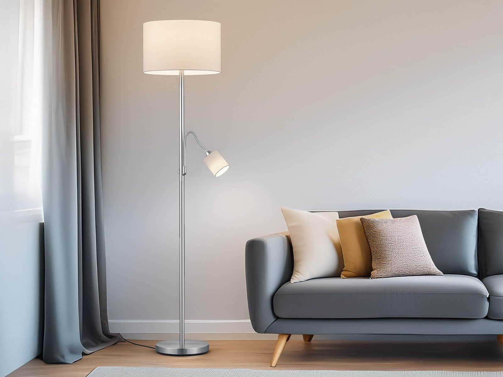 Lampen TRIO Leuchten TRIO Leuchten LED Stehlampe dimmbar 170cm - Skandinavisches Design mit Holzfuß & Stoffschirm, Warmweiß 2700K-3000K, Leselicht-Funktion, 15W LED (100W Equivalent) Silber Weiß