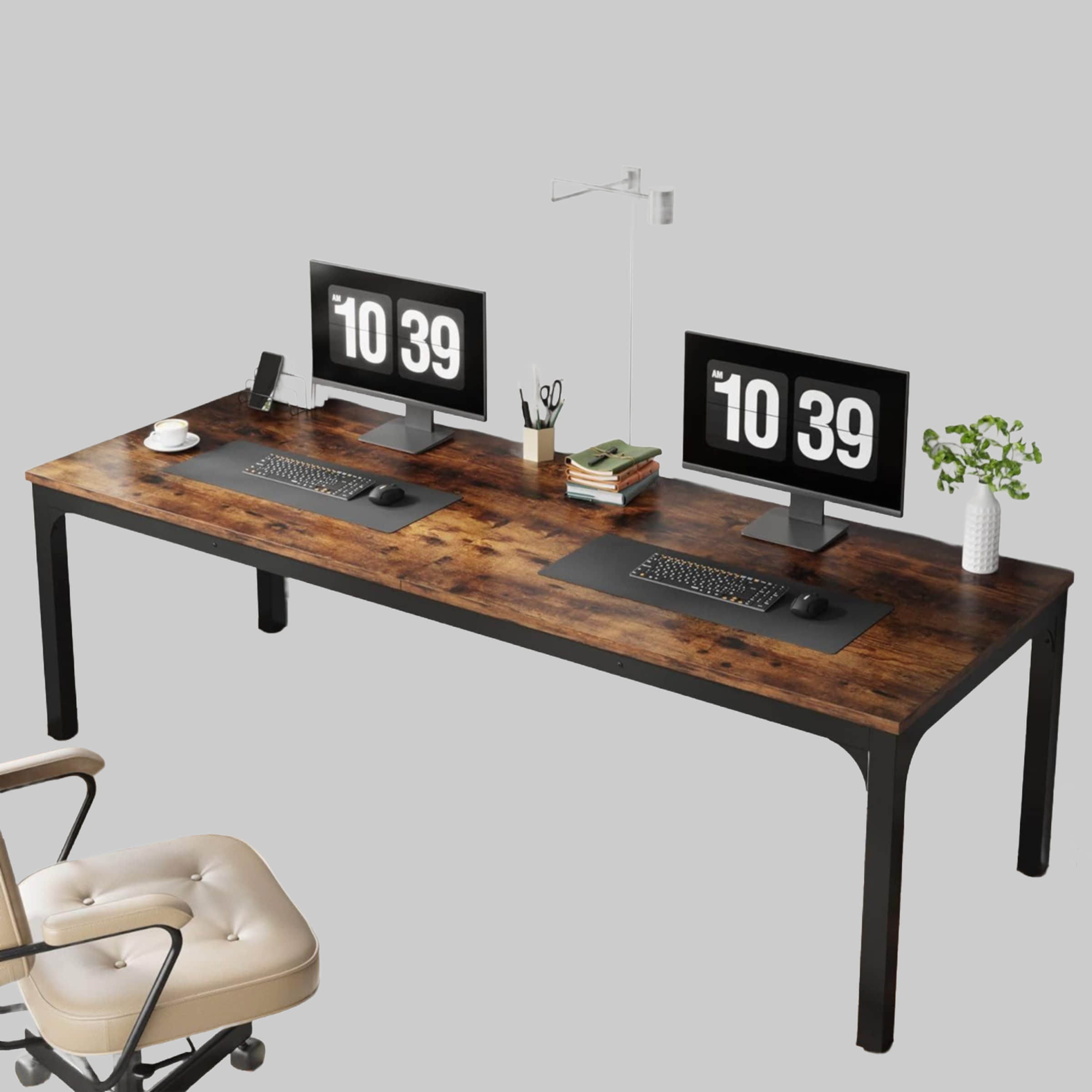 Tribesigns Tische Tribesigns Computertisch 200x70x75cm – Doppelter PC-Bürotisch in Braun/Weiß mit E1-Partikelholz & verstärkter Metallkonstruktion Braun
