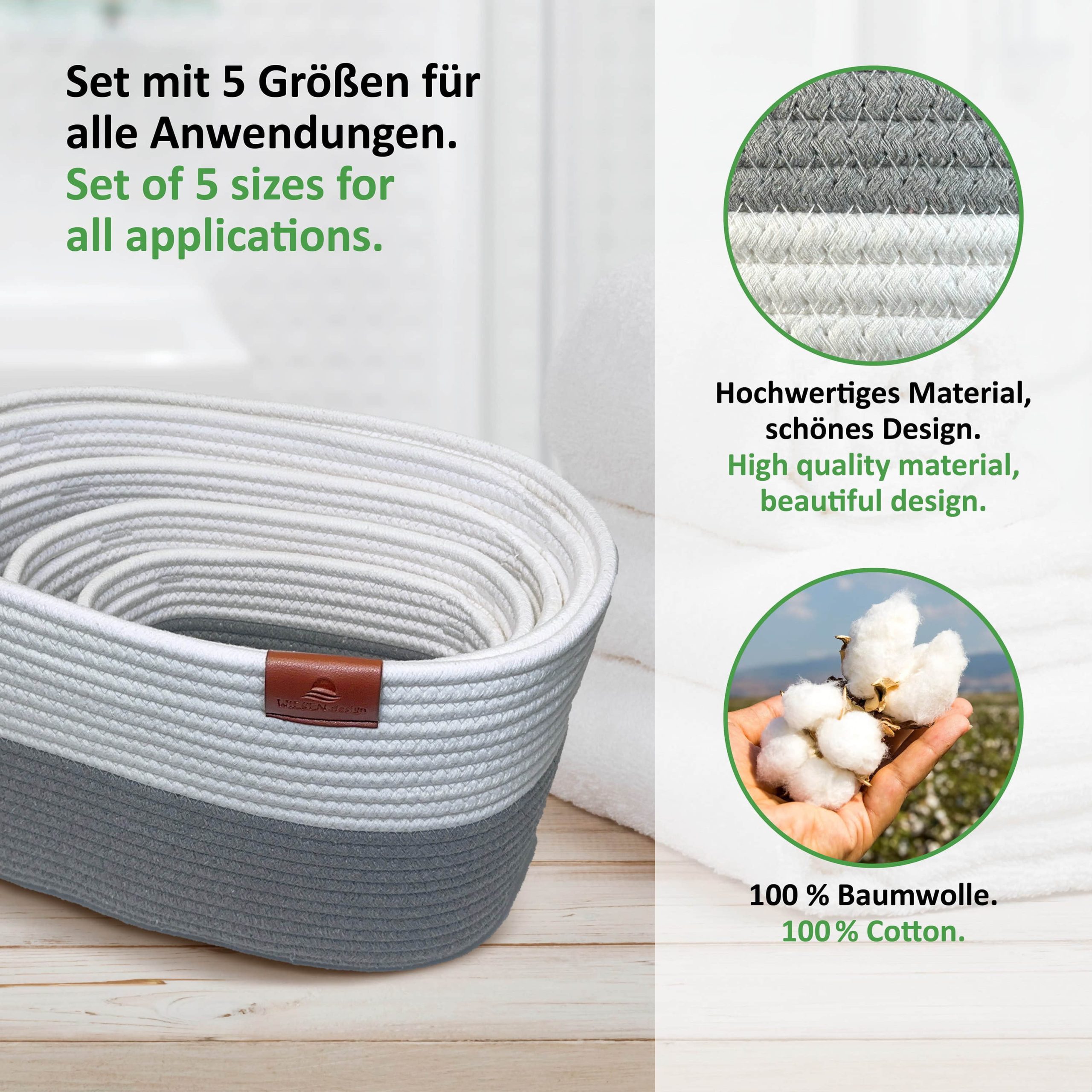 WIESEN.design Dekoration WIESEN.design MIRA XXXL Korb Set (5 Körbe, 50L) – Handgeflocht aus recycelter Baumwolle – Ideal als Wickeltisch Organizer, Spielzeugkorb & Bad-Aufbewahrung – Inkl. Baumwoll-Wäschesack Grau/Weiß