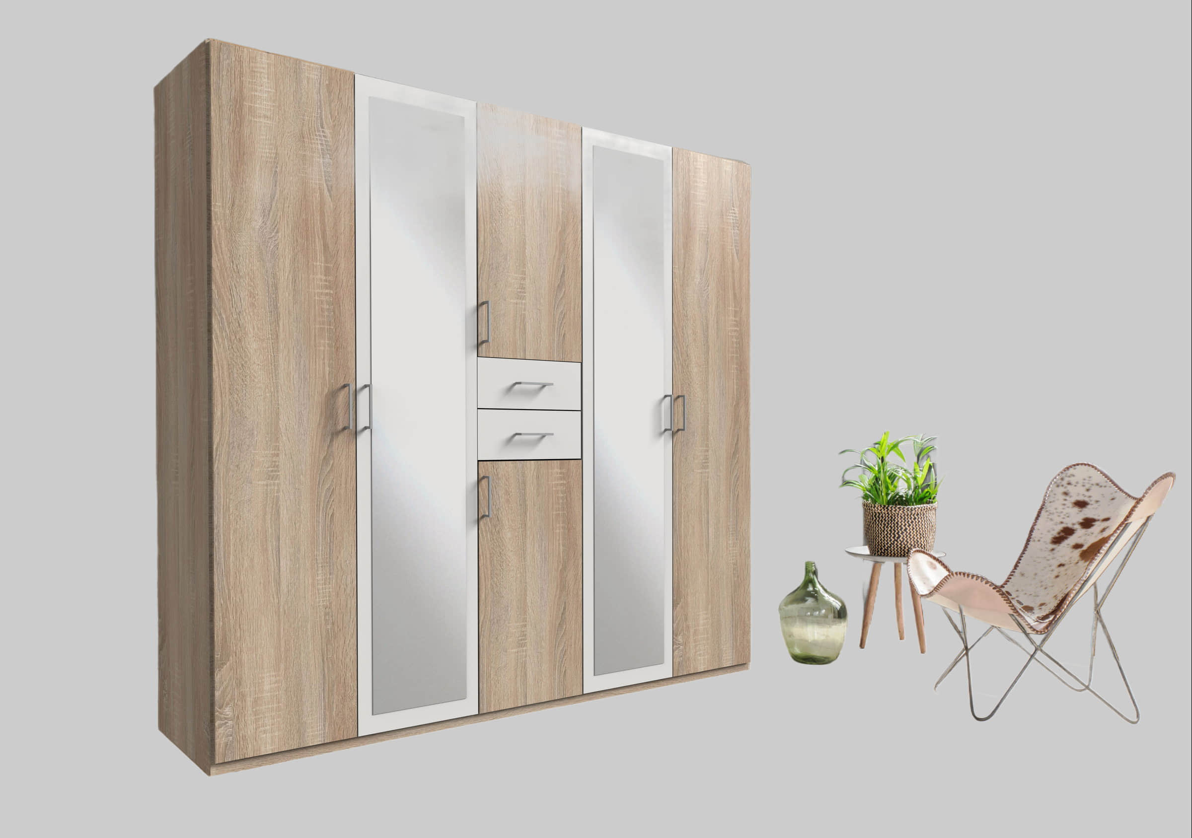 Wimex Wimex Kleiderschrank Diver | Drehtürenschrank mit Spiegel & Schubladen | 225cm oder 270cm Breite | 3 Innenausstattungsvarianten | beige/plankeneichefarben/graphit | Bestseller Schlafzimmerschrank strukturei Schränke