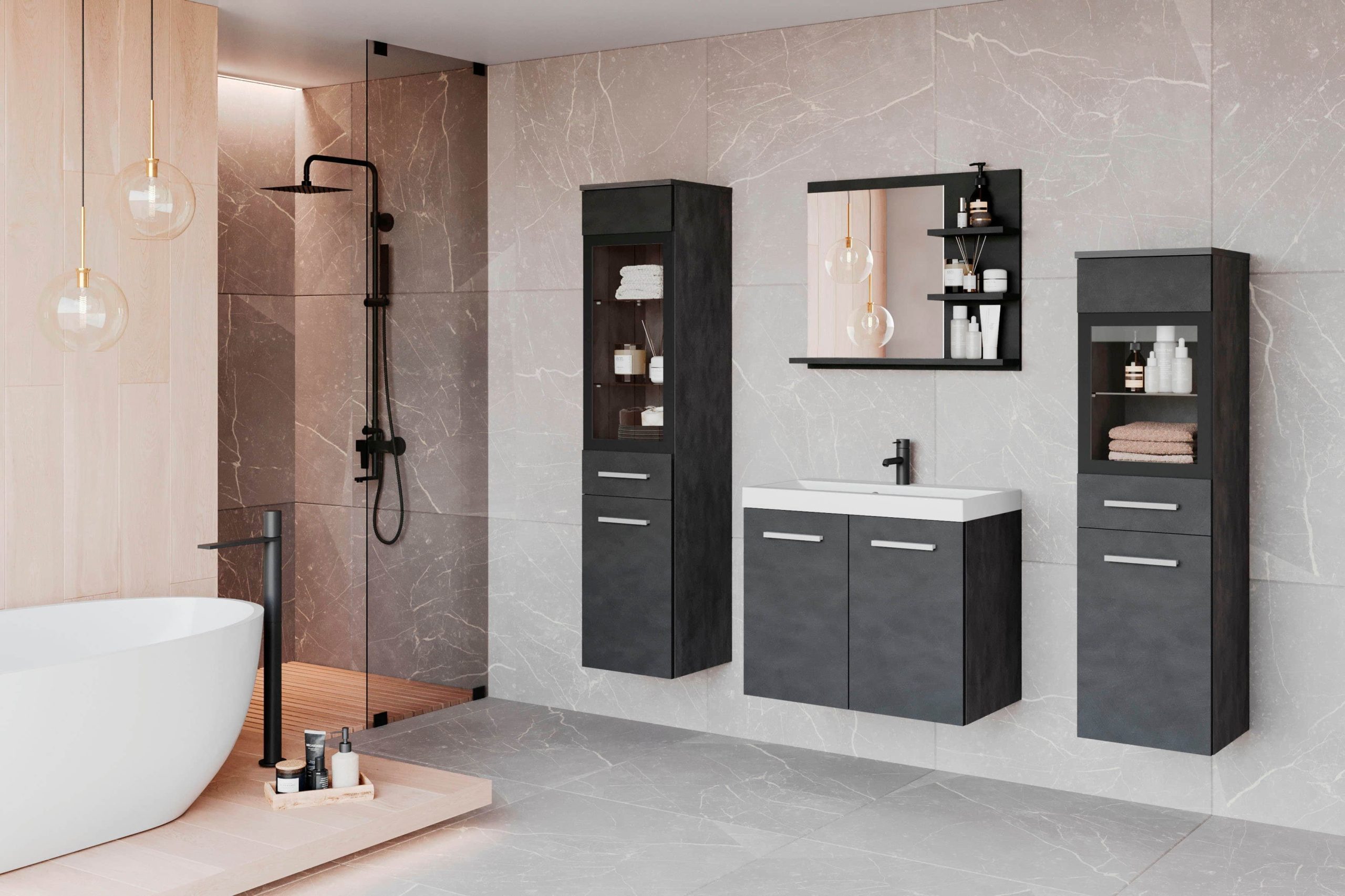 welltime Badmöbel-Set »MADRIT« (4-teilig) mit Waschtisch, Waschbecken, Badschrank, Hochschrank & Spiegel – modernes Design für Ihr Badezimmer Matera Ant Badmöbel-Sets welltime