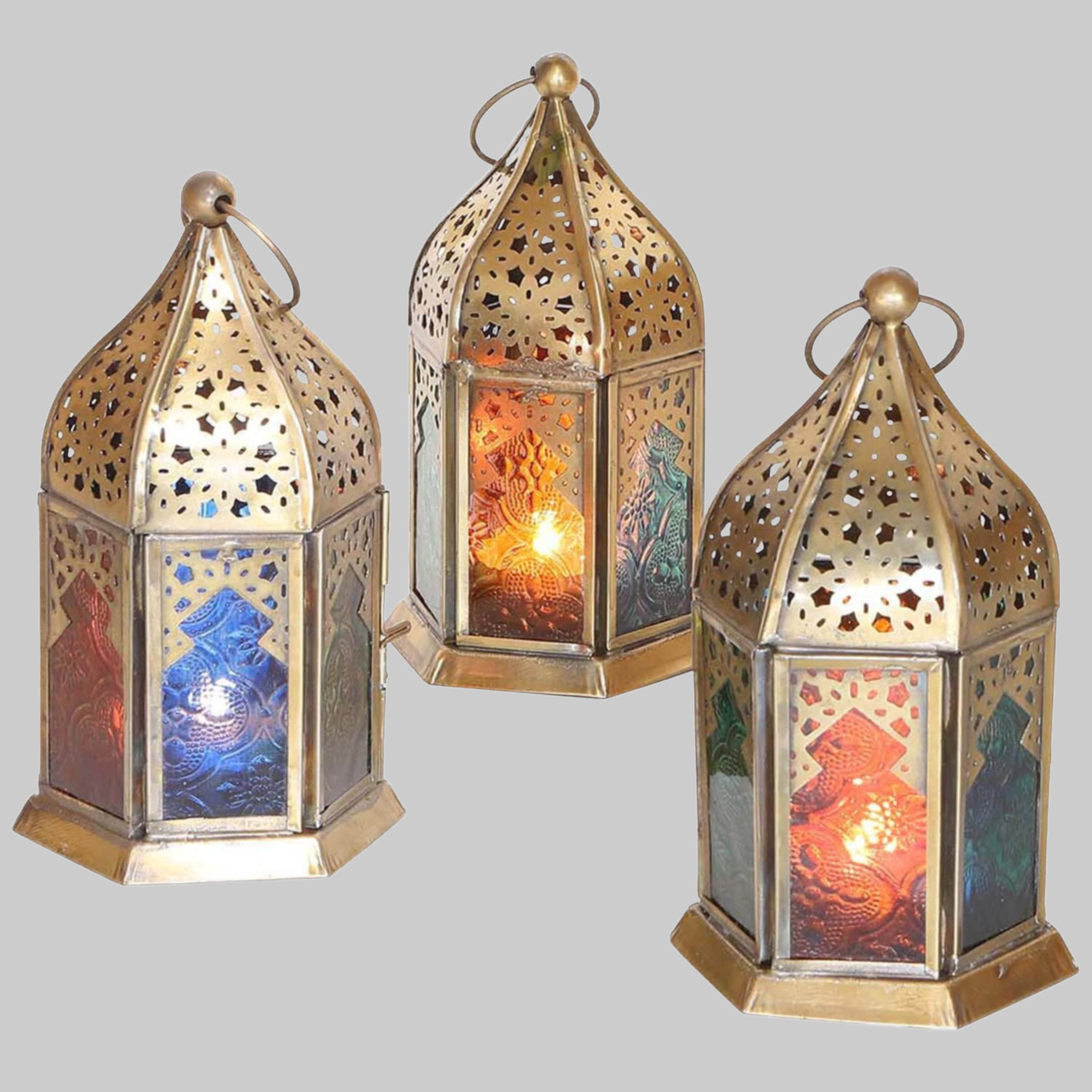 Casa Moro Casa Moro 3-Piece Moroccan Metal Lantern Set with Colorful Relief Glass - Handcrafted Minaret-Shaped Tea Light Holders for Home Decor (WDL1030) Dekoration