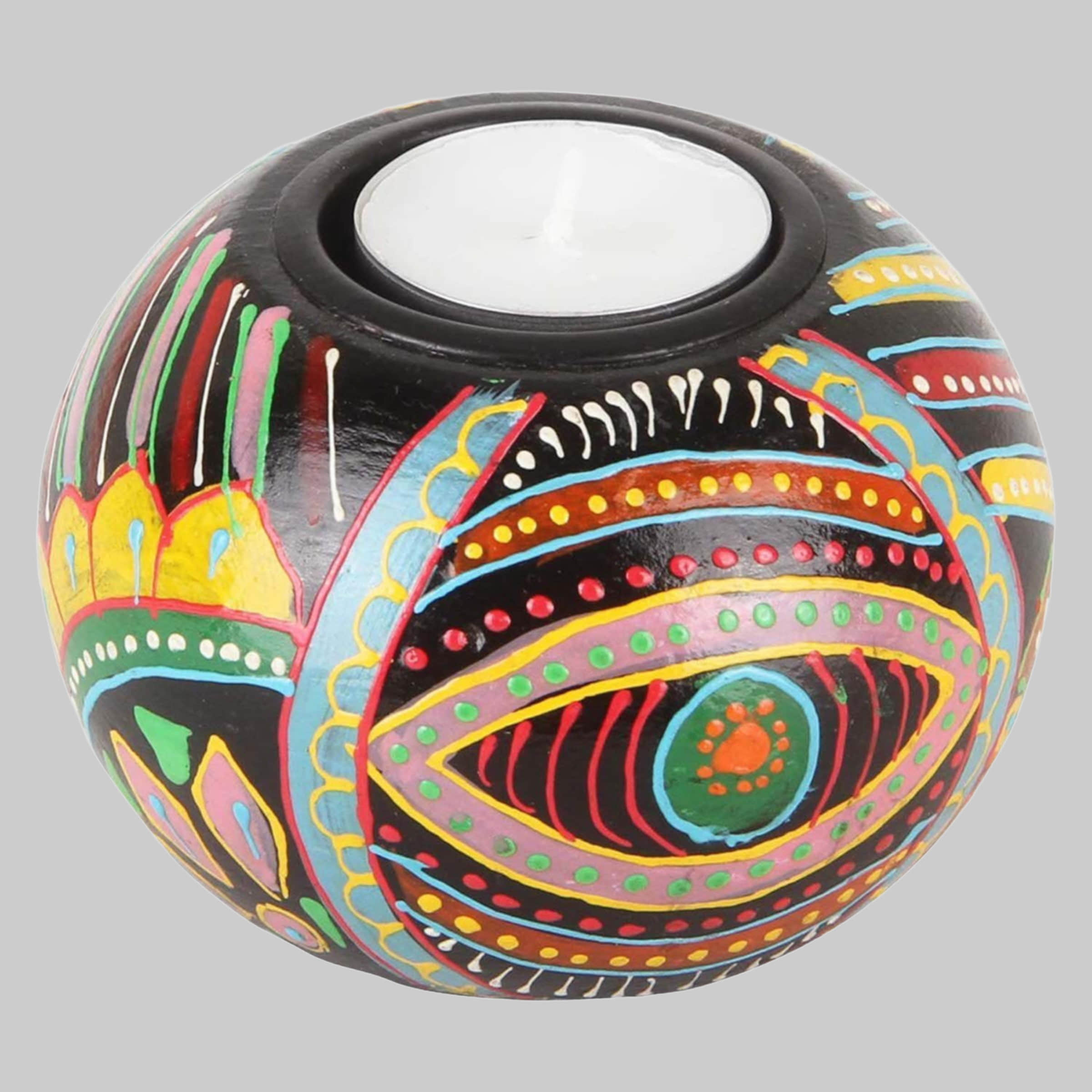 Casa Moro Dekoration Casa Moro Anandra Hand-Painted Wooden Tea Light Holders - Authentic Indian Design Home Decor (3-Piece Set) - Unique Ramadan, Meditation & Boho Chic Decor