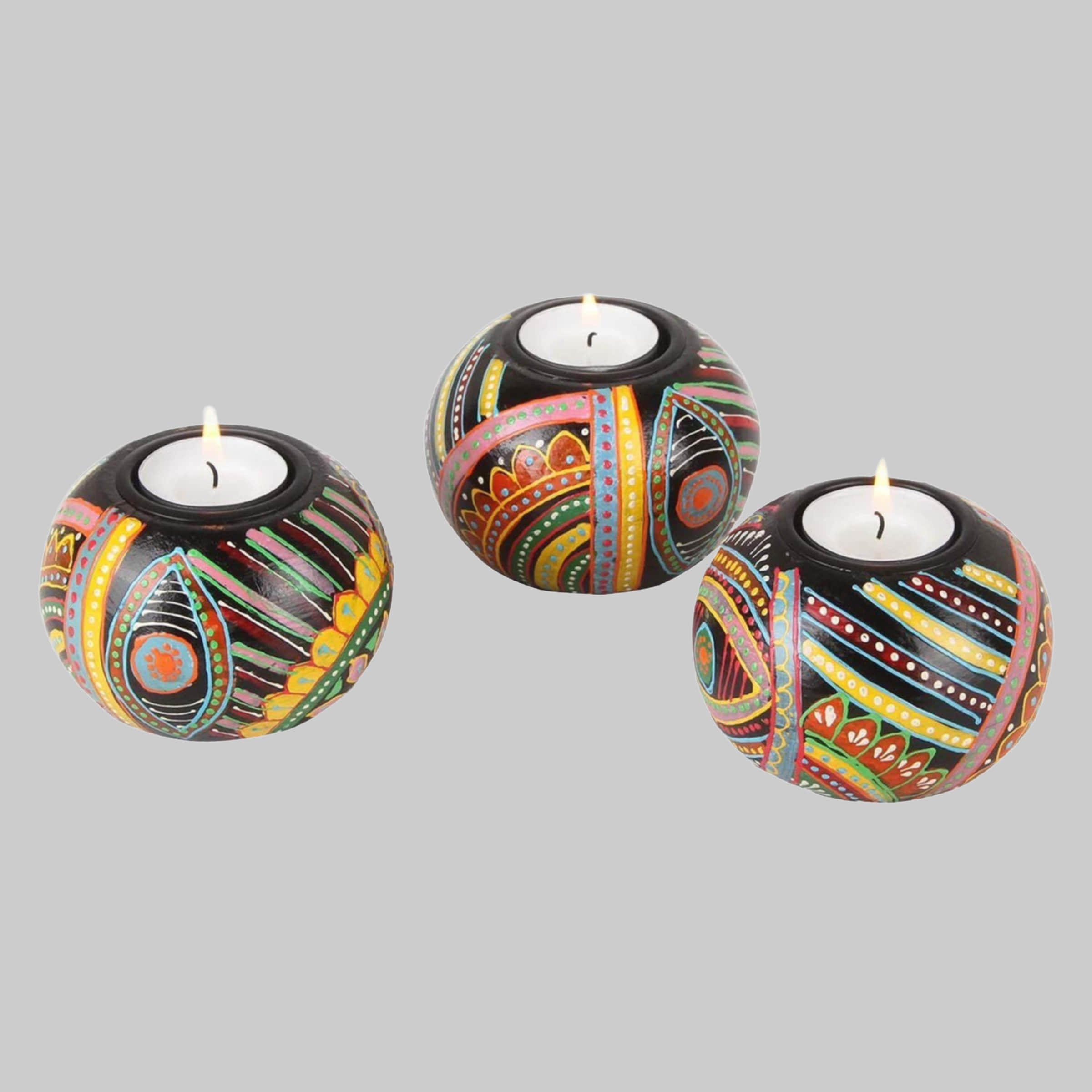 Casa Moro Dekoration Casa Moro Anandra Hand-Painted Wooden Tea Light Holders - Authentic Indian Design Home Decor (3-Piece Set) - Unique Ramadan, Meditation & Boho Chic Decor