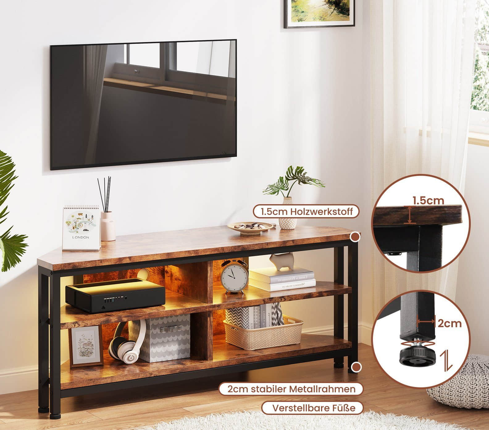 Kommoden & Sideboards Dripex DRIPEX Corner TV Cabinet with LED Lights - 106cm Wide Retro Brown Lowboard (MDF) for 65" TVs | 2 Storage Compartments | Space-Saving Design 106cm Braun