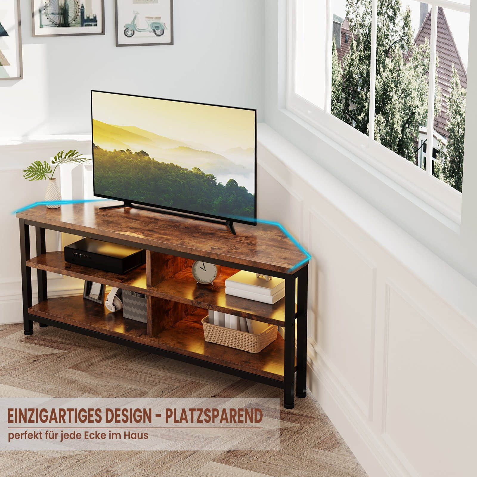 Kommoden & Sideboards Dripex DRIPEX Corner TV Cabinet with LED Lights - 106cm Wide Retro Brown Lowboard (MDF) for 65" TVs | 2 Storage Compartments | Space-Saving Design 106cm Braun