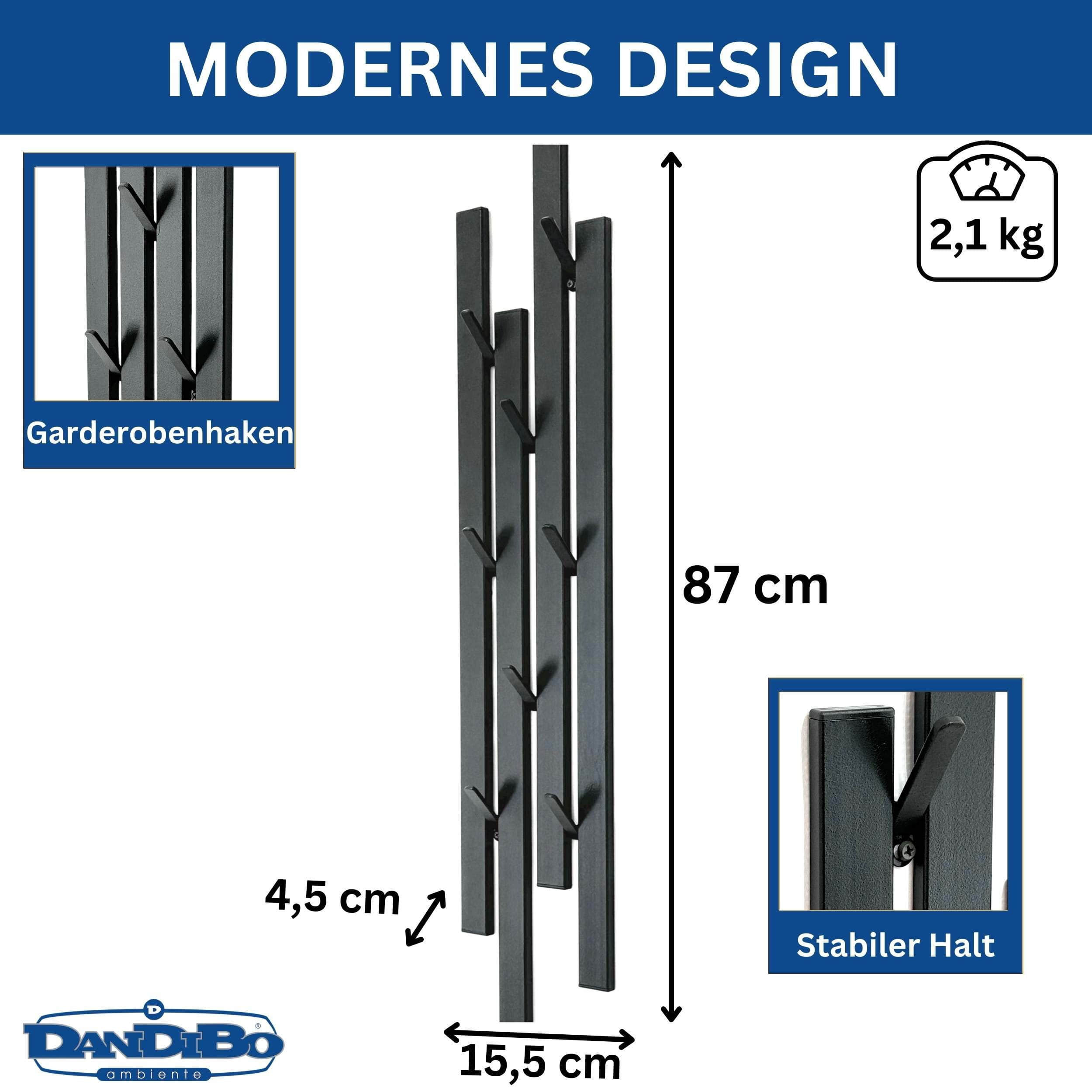 DanDiBo Wandgarderobe Schwarz Metall Modern - Garderobe mit 8 Haken (87 cm) für Flur, Diele & Bad | Stabile Hakenleiste als Handtuchhalter & Kleiderhaken DanDiBo Garderoben