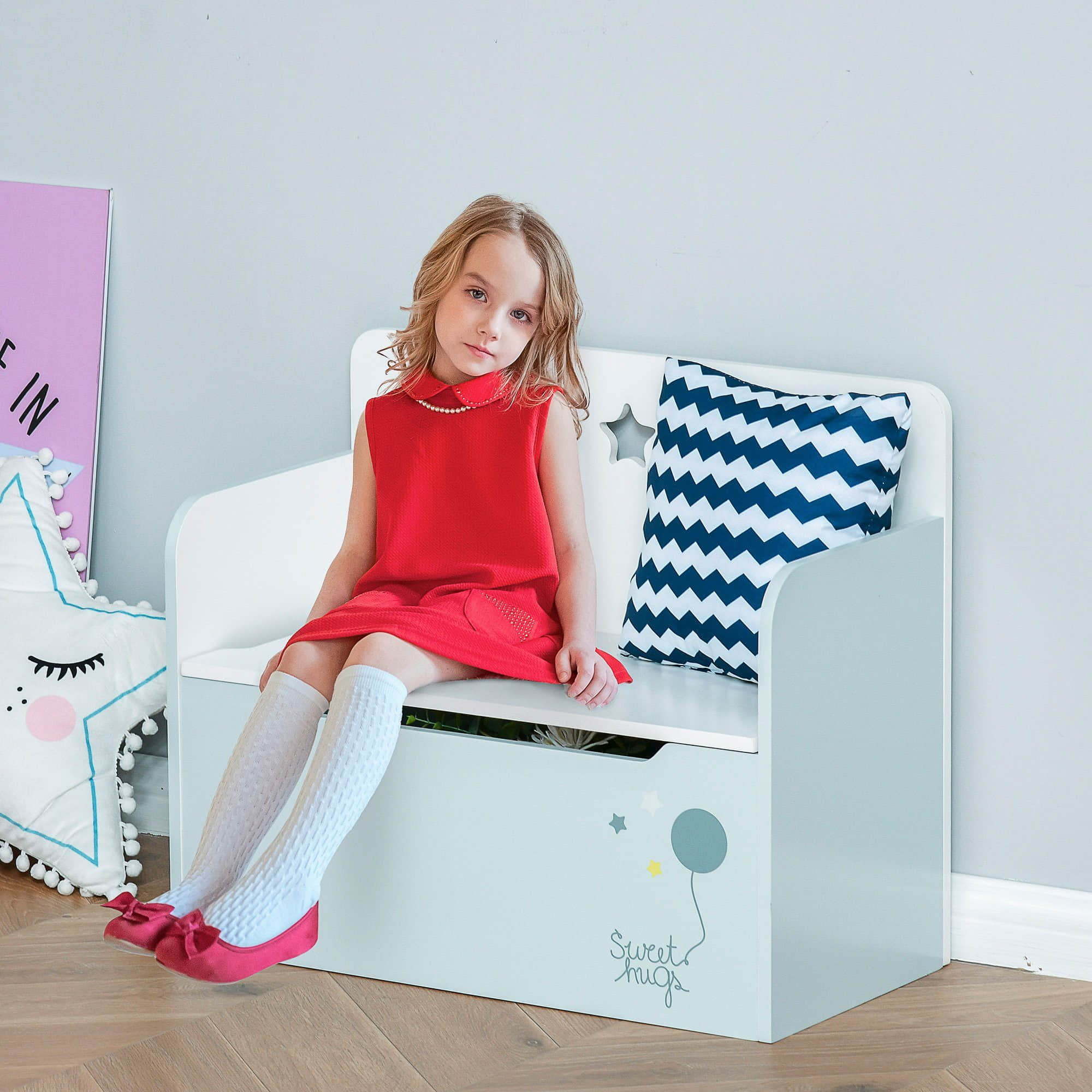 HOMCOM HOMCOM Kinderbank mit Stauraum - 2-in-1 Spielzeugtruhe & Sitzbank für Kinderzimmer (60x30x50cm, Hellblau, 3-8 Jahre) Kinderzimmer