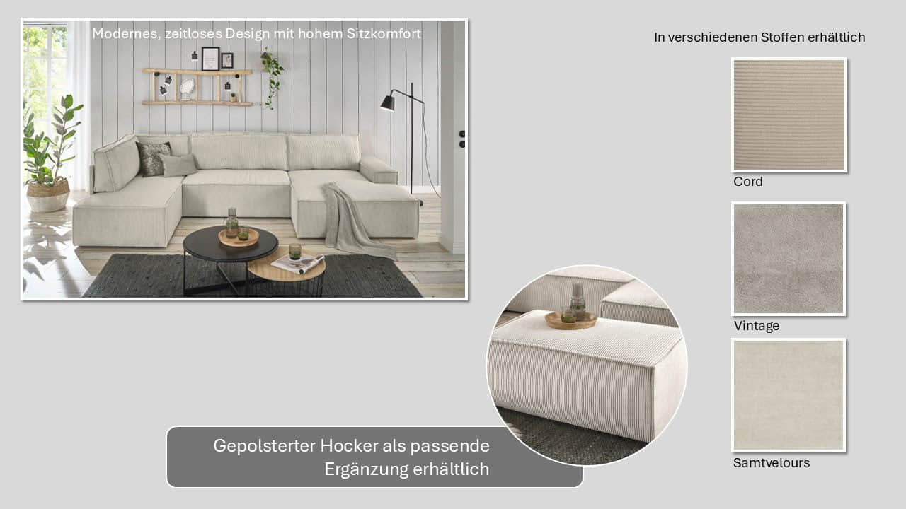 Home affaire Sofas Home Affaire SHERWOOD XXL 329cm U-Shape Sofa Bed | Convertible Sectional with Storage (194x139cm) | Cord/Vintage/Samtvelours | Premium Modular Living Room Set dunkelgrau