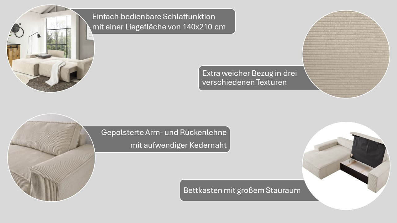 Home affaire Home affaire Ecksofa SHERWOOD Schlafsofa 267 cm L-Form mit Bettkasten (210x136 cm) | Cord, Vintage & Samtvelours Bezug | Premium Qualität cognac Sofas