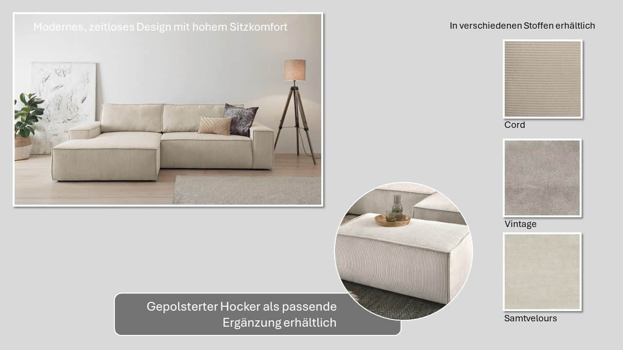 Home affaire Ecksofa SHERWOOD Schlafsofa 267 cm L-Form mit Bettkasten (210x136 cm) | Cord, Vintage & Samtvelours Bezug | Premium Qualität cream Sofas Home affaire