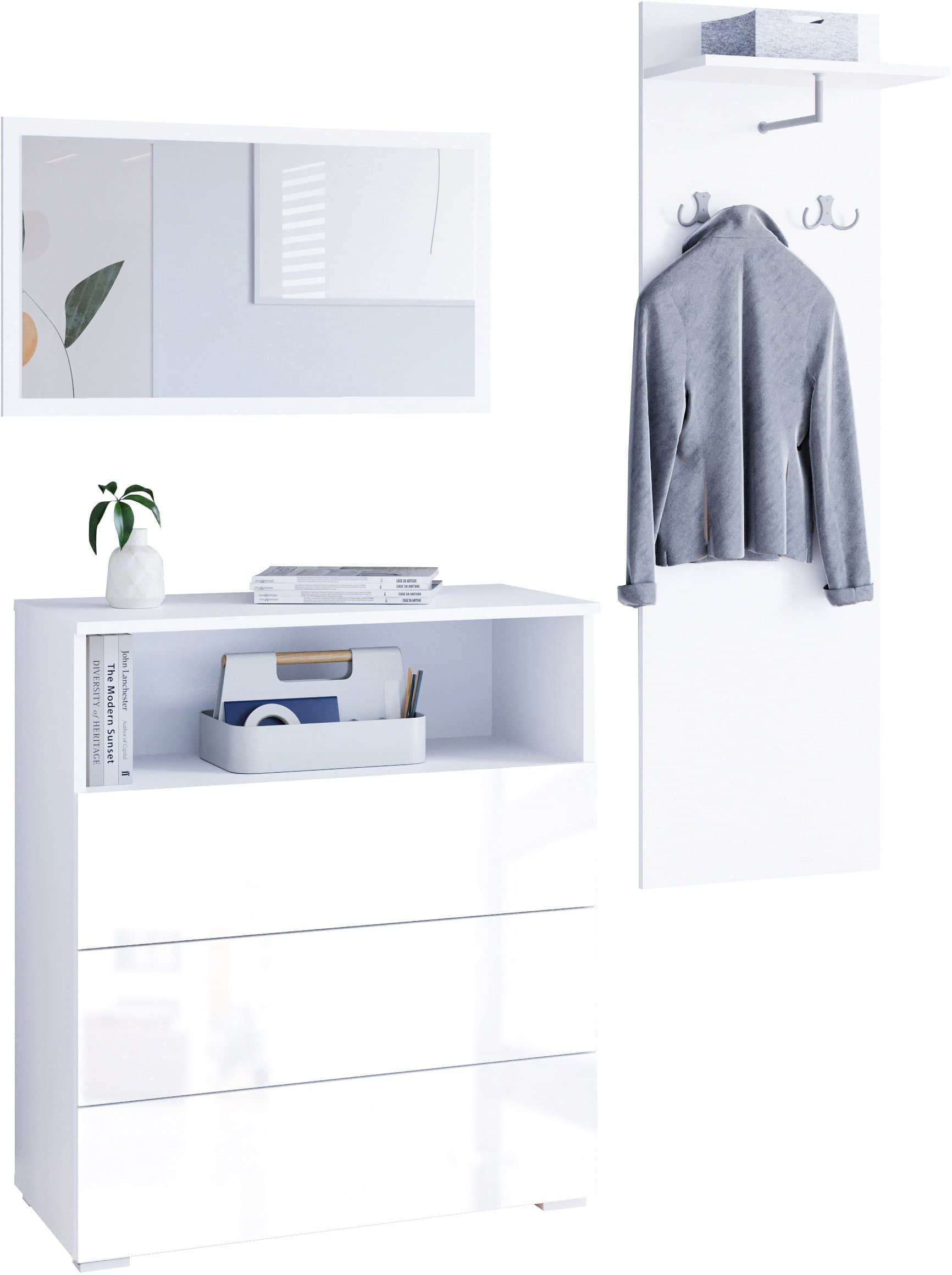 INOSIGN Garderoben-Set »PARIS/TOKYO« (3-teilig, 140 cm) mit Spiegel – Hochglanz-Design, FSC®-Holzwerkstoff & flexible Montage weiß matt/ Garderobe & Flur INOSIGN