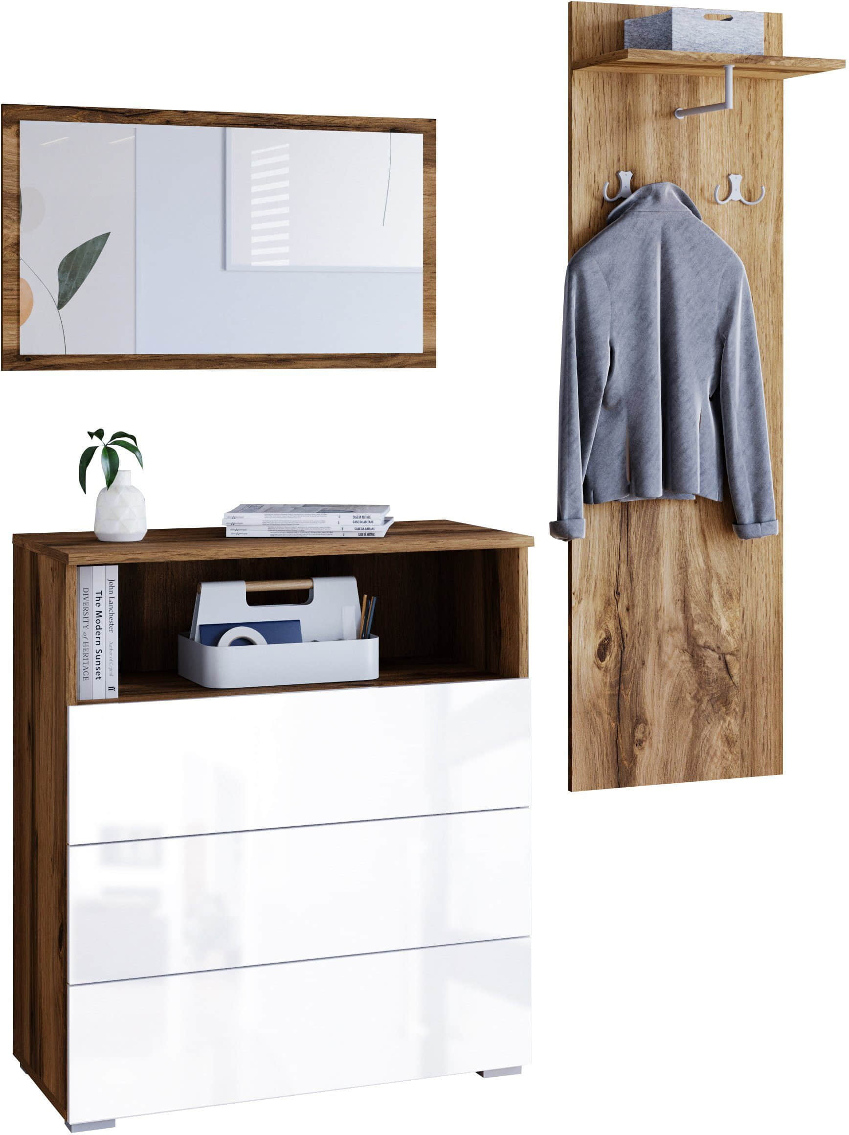 INOSIGN Garderobe & Flur INOSIGN Garderoben-Set »PARIS/TOKYO« (3-teilig, 140 cm) mit Spiegel – Hochglanz-Design, FSC®-Holzwerkstoff & flexible Montage Votan eich