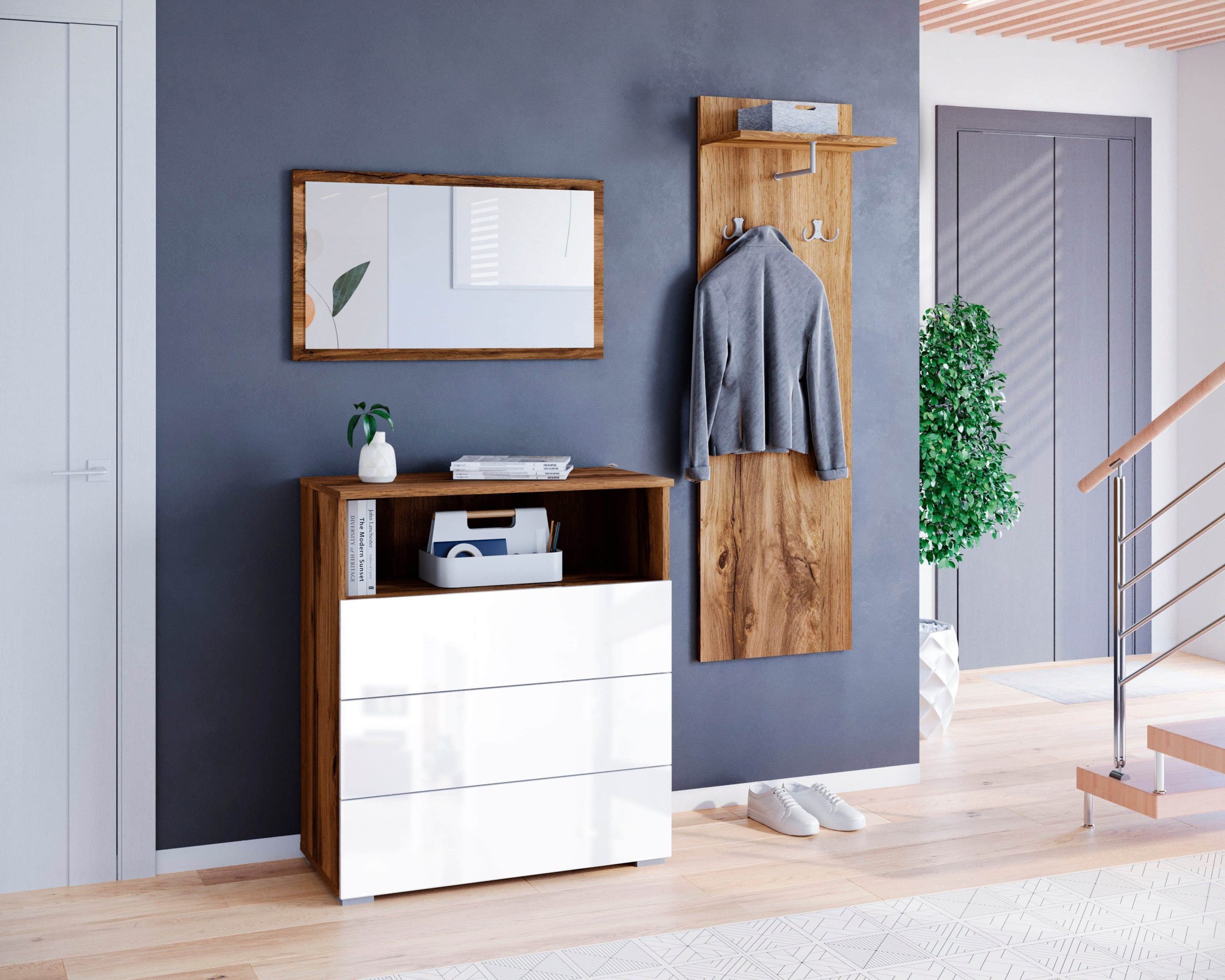 INOSIGN Garderobe & Flur INOSIGN Garderoben-Set »PARIS/TOKYO« (3-teilig, 140 cm) mit Spiegel – Hochglanz-Design, FSC®-Holzwerkstoff & flexible Montage Votan eich