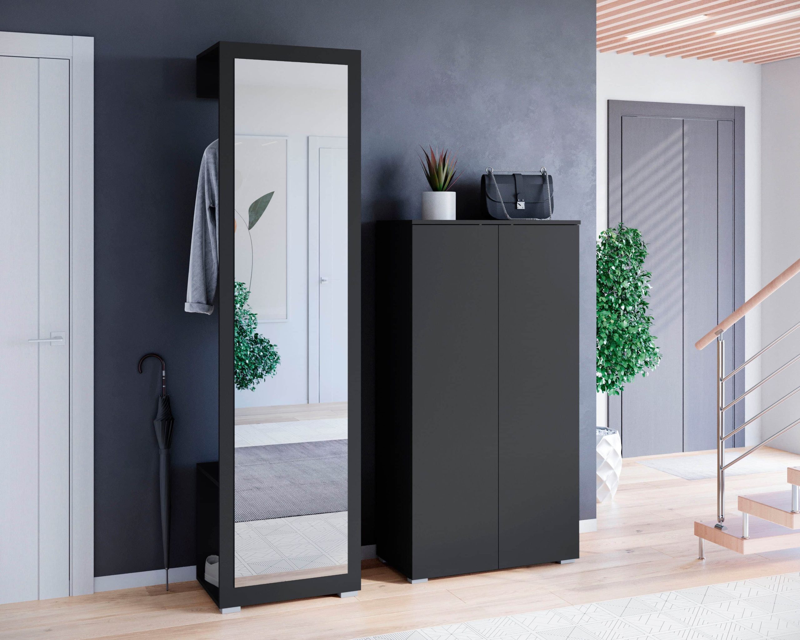 INOSIGN Garderoben-Set PARIS/TOKYO - Modernes 2-teiliges Flurmöbel mit Kleiderstange & Schuhschrank (130cm Breite, Hochglanz, grifflos) graphite s Garderobe & Flur INOSIGN