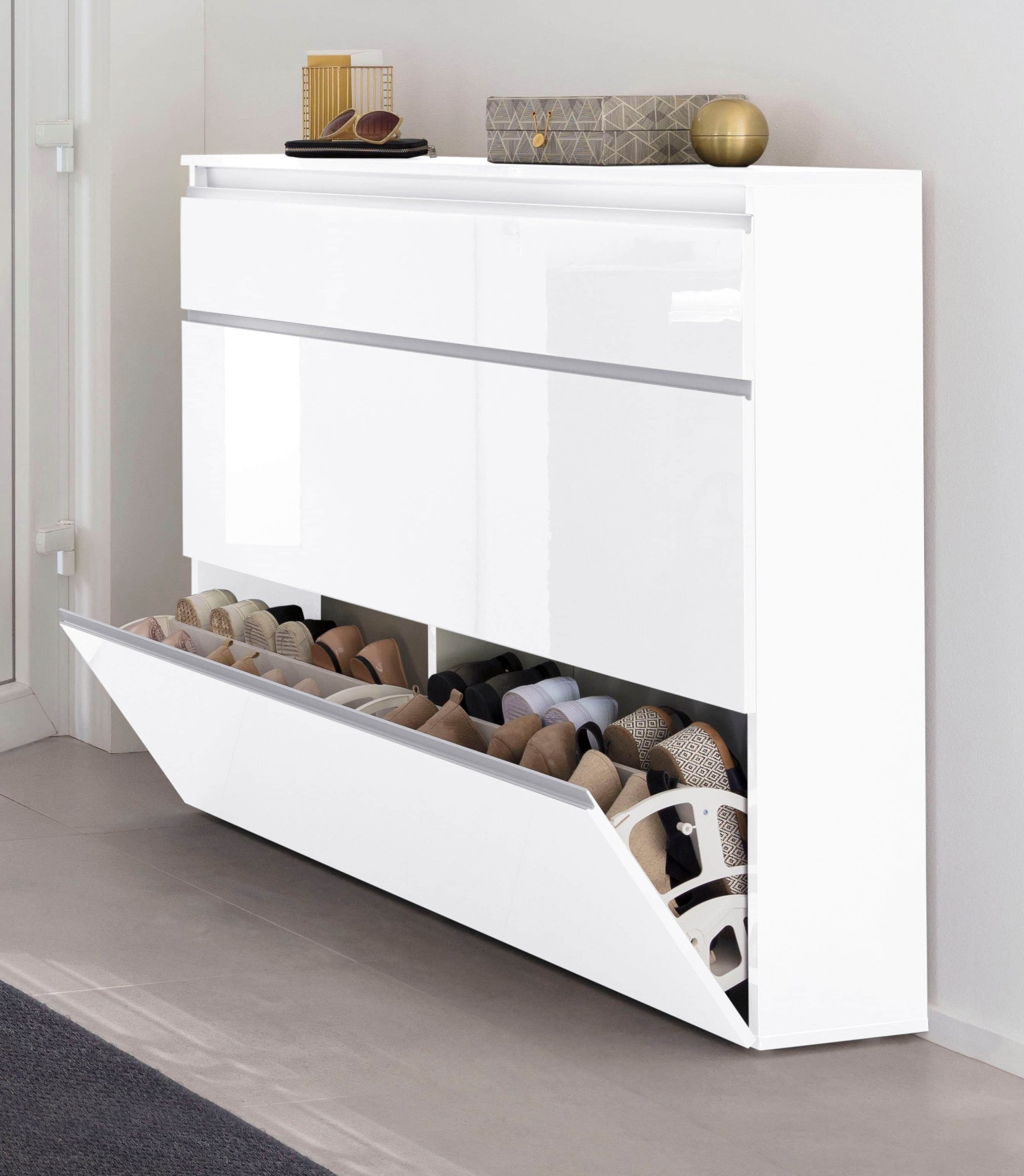 INOSIGN Magic Schuhschrank (120cm) - Hochglanz Schuhkommode mit 3 Klappen & Doppelschuhtrommeln | Softgriff Design | Platz für 30 Paar Schuhe weiß Schränke INOSIGN