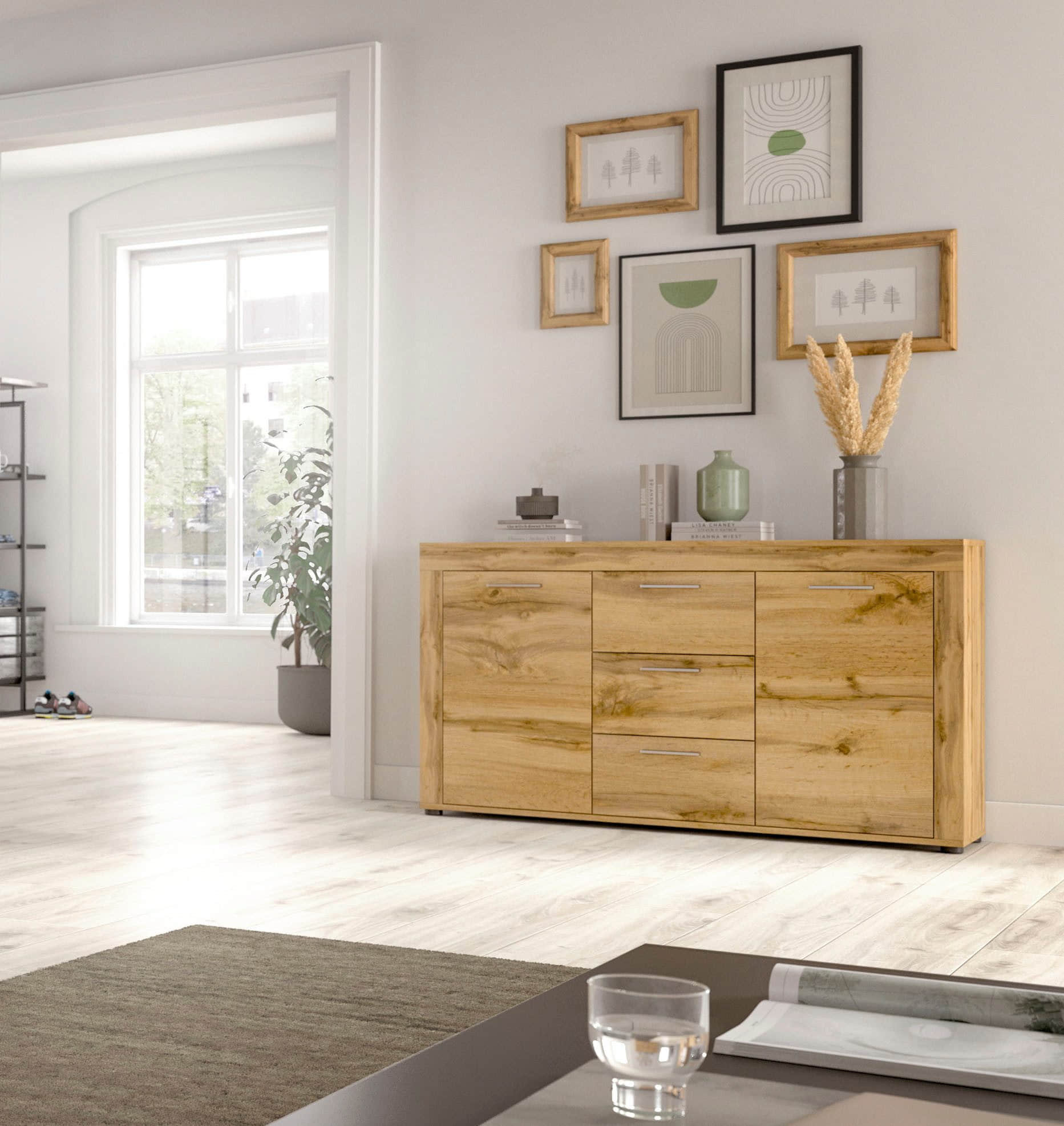 Kommoden & Sideboards INOSIGN INOSIGN Sideboard »Aosta« 125 cm Breite – Moderner Schrank mit 2 Türen & 3 Schubladen für Wohnzimmer | Elegante Kommode in verschiedenen Farben wotan eiche