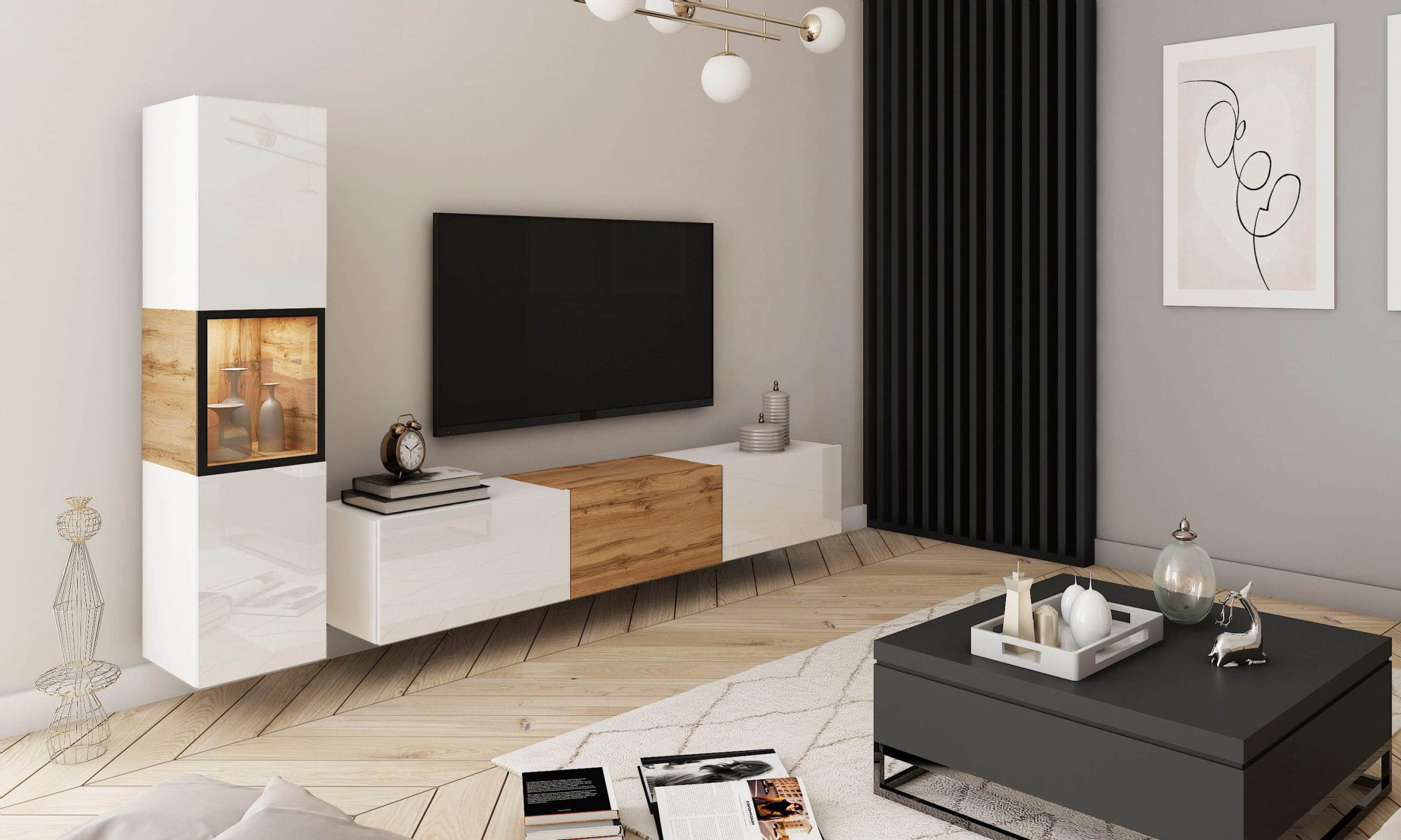 Wohnwände INOSIGN INOSIGN Wohnwand BERLIN I (2-teilig) – Moderne Mediawand 220 cm mit Vitrine & Lowboard | Griffloses Design | Hochwertige Materialien weiß matt