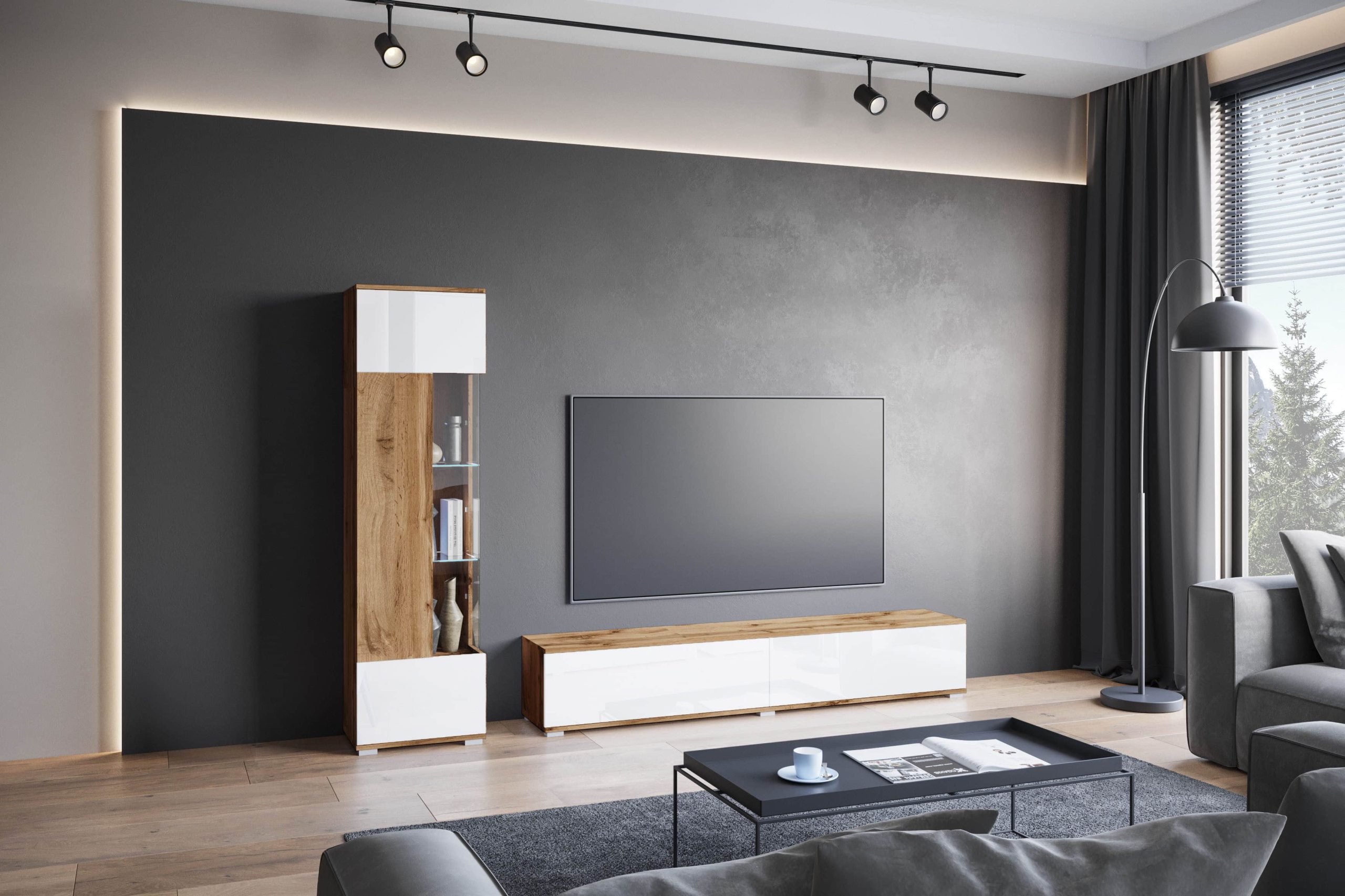 INOSIGN Wohnwand »Kenia« Komplett-Set (2-teilig) mit Eckvitrine & Lowboard - hängend/stehend montierbar in grau oder beige | Hochglanz & Glasfronten eichefarbe INOSIGN Wohnwände