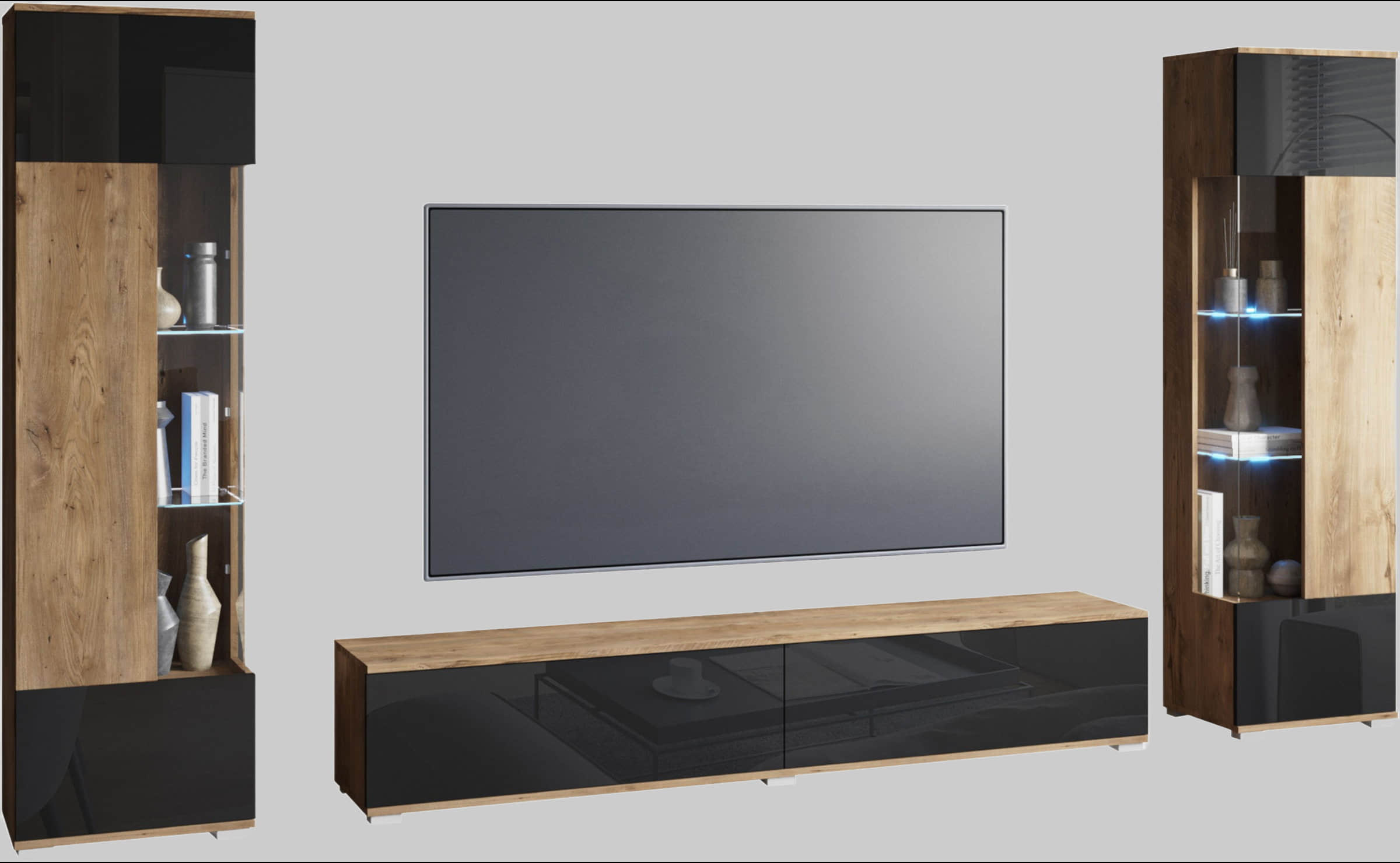 INOSIGN INOSIGN Wohnwand »Kenia« Komplett-Set (3-teilig) mit Eckvitrinen - Modernes Design, hängend/stehend montierbar, FSC®-zertifiziert kastanie B Wohnwände