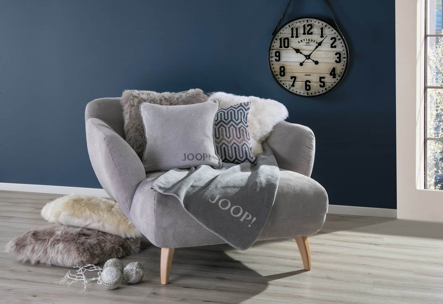 JOOP! Designer Double-Faced Fleece Cushion Cover 50x50cm - Reversible Anthracite/Taupe Pillow Case with Decorative Stitch Rauch-Grap Dekoration JOOP!