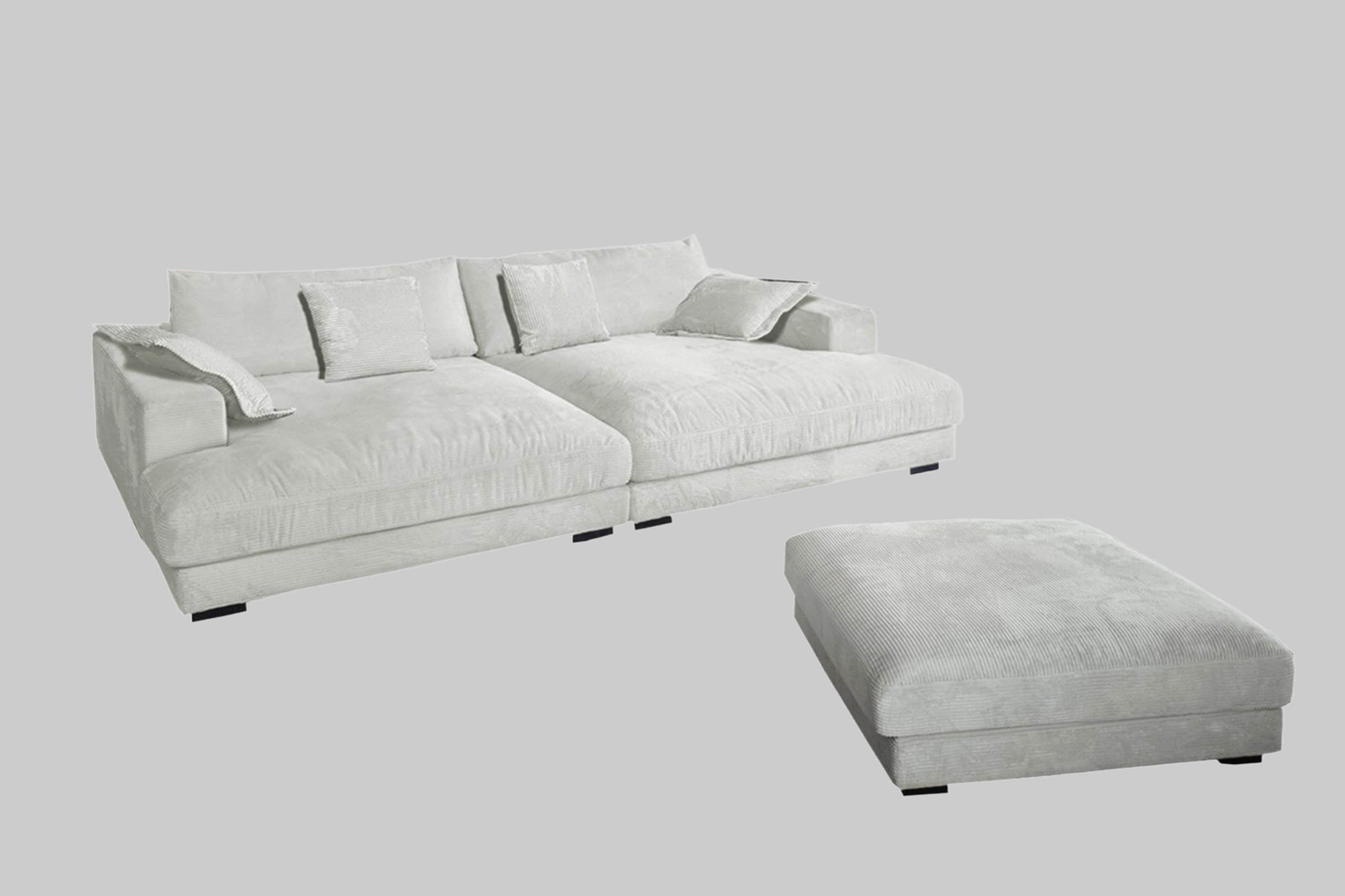 KAWOLA Sofas KAWOLA Big Sofa MADELINE Set mit Hocker & 4 Zierkissen | Cord-Bezug in verschiedenen Farben | 290x170 cm | Hochwertige Polsterung für maximalen Komfort hellgrau
