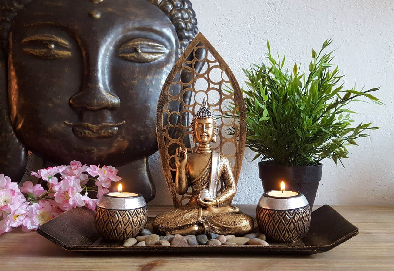 Dekoration LB H\u0026F Lilienburg LB H&F Lilienburg Buddha Statue Gold Teelichthalter Set - Zen Dekotablett mit Kerzenständer, Windlicht & Deko-Teller für Wellness, Yoga (Braun/Gold)