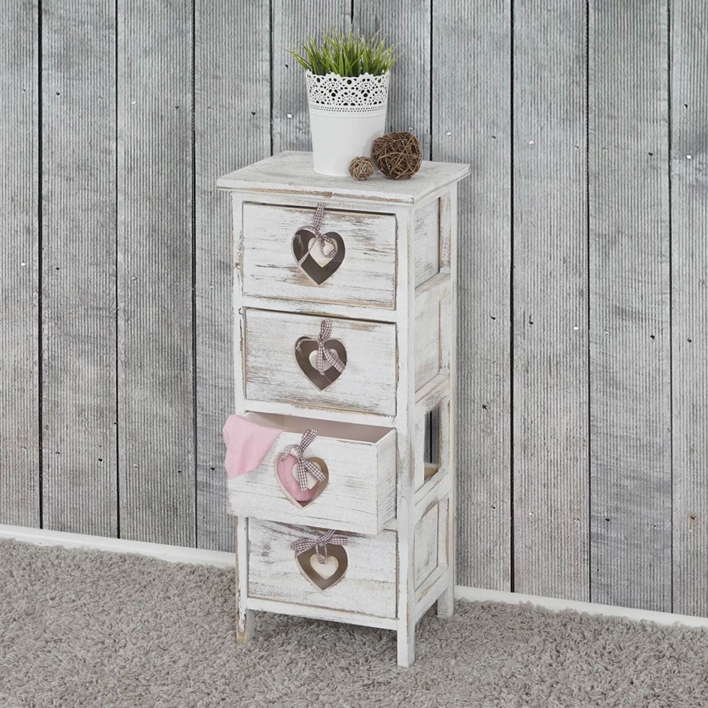 MCW MCW Kommode Sues Shabby-Look Vintage | 4 Schubladen aus Paulowniaholz | 66x37x27cm | Grau-Blau mit Herzornamenten weiß Kommoden & Sideboards
