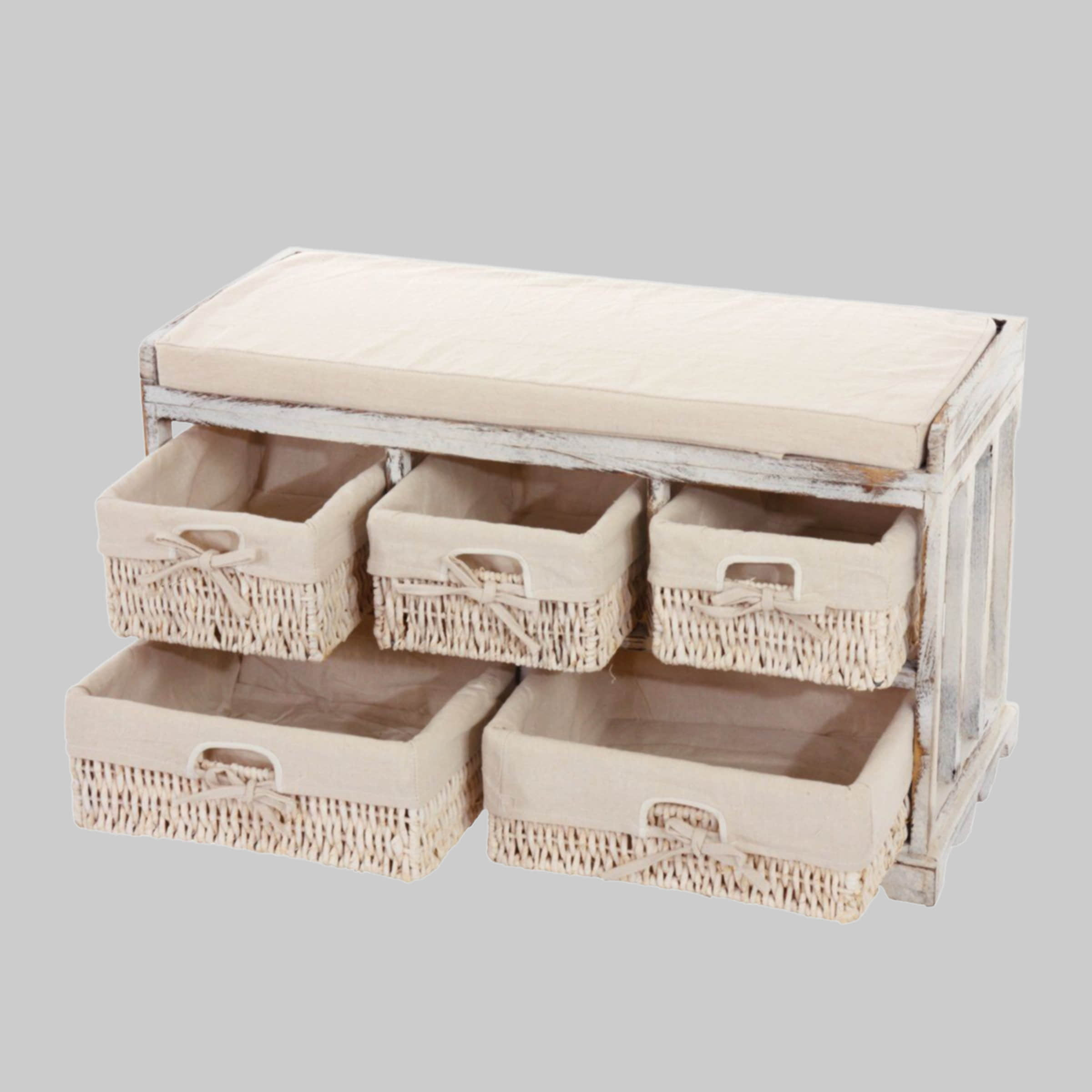 MCW Kommoden & Sideboards MCW Kommode T35-K | Shabby-Chic Schubladenkommode mit 5 Schubladen & Sitzpolster | Massivholz | Vintage-Design (120x85x45 cm) weiß-beige