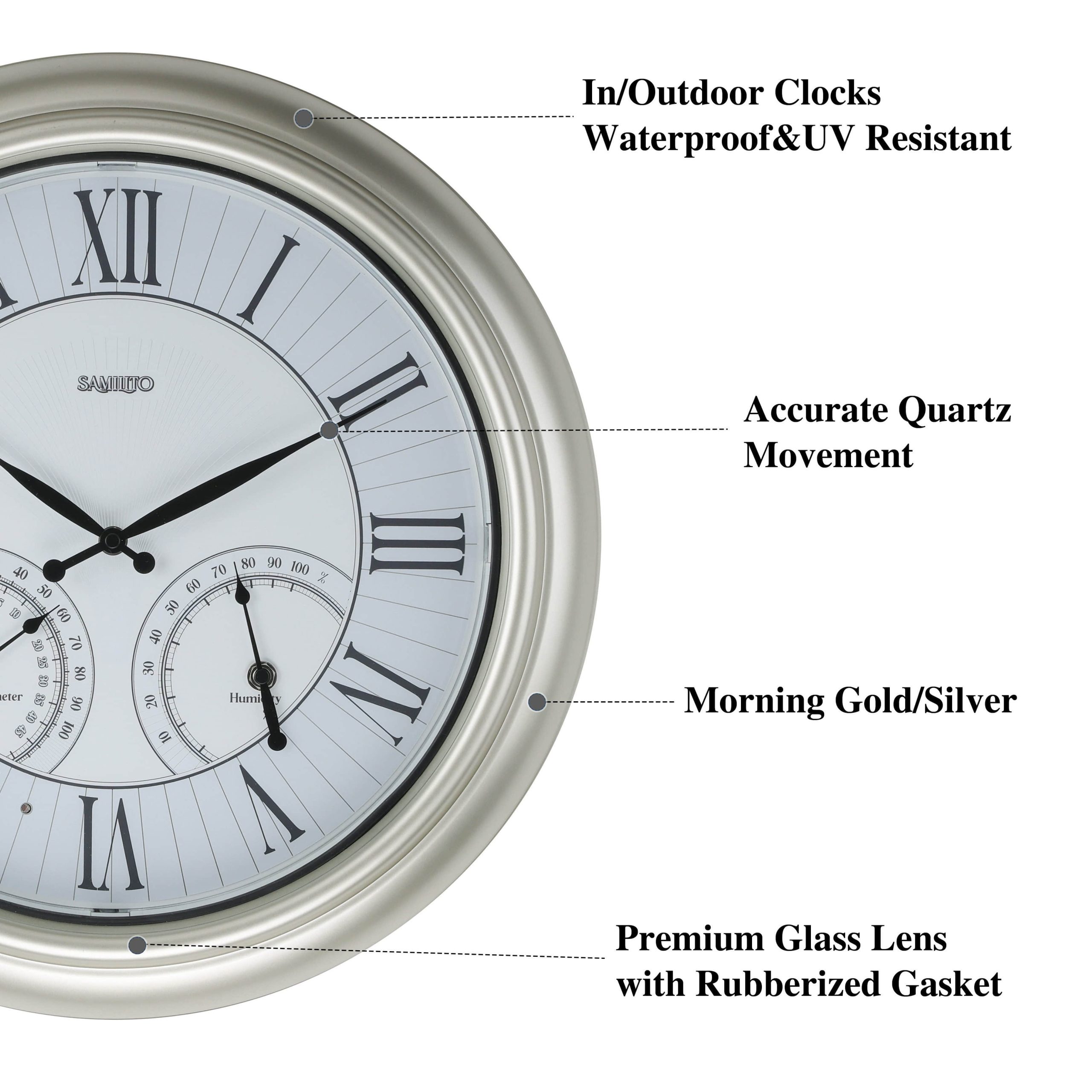 Samilito 18" Weatherproof Illuminated Wall Clock with Thermometer & Hygrometer - Indoor/Outdoor Waterproof Design for Garden, Patio & Pool Areas Silber Samilito Dekoration